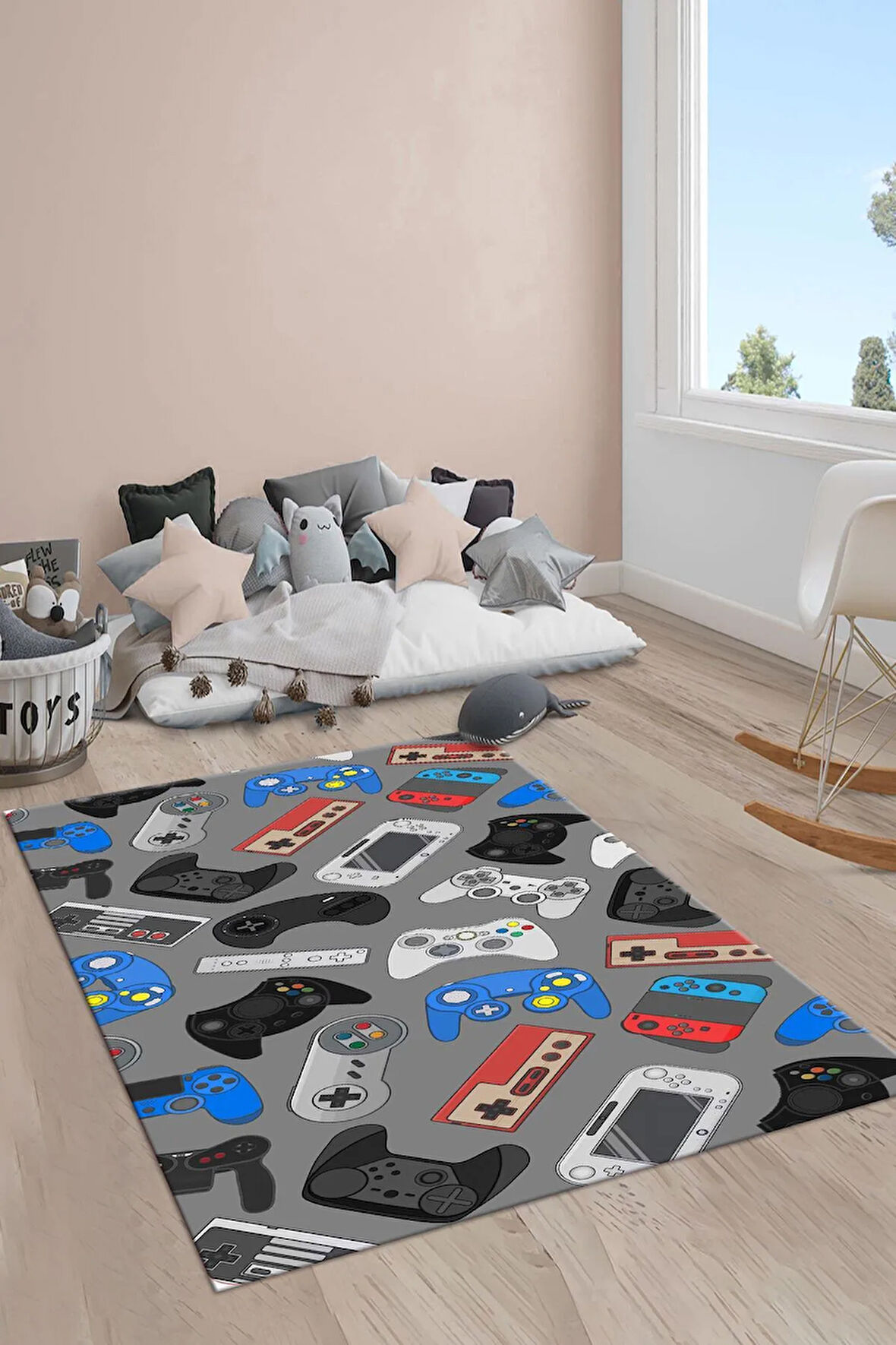 Kaymaz Taban Makinede Yıkanabilir Gamer Konsol Desenli Çocuk Halısı