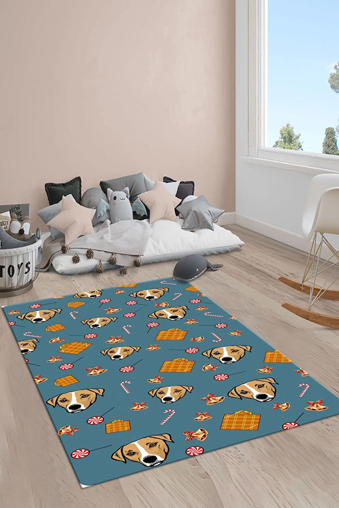 Kaymaz Taban Makinede Yıkanabilir Tatlı Köpek Desenli Çocuk Halısı