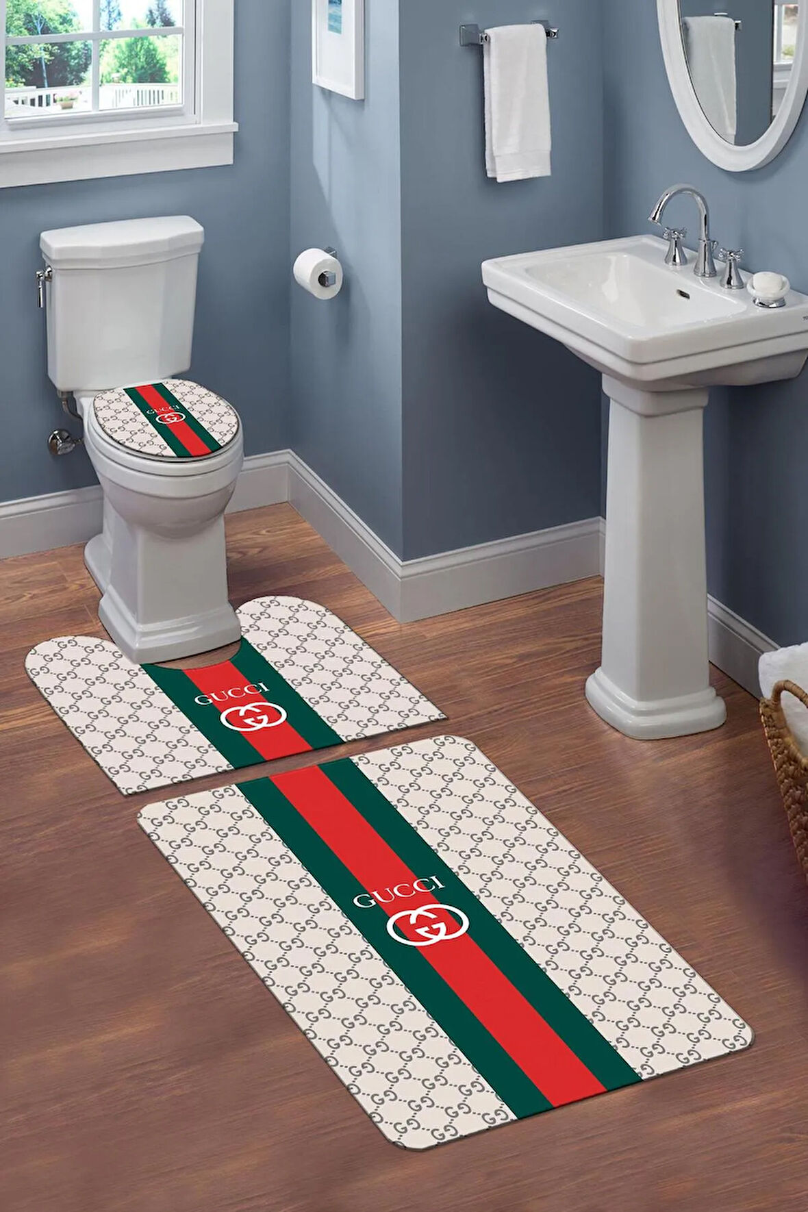Yıkanabilir Kaymaz Tabanlı Modern Desenli 3'lü Klozet Takımı Banyo Paspas Seti