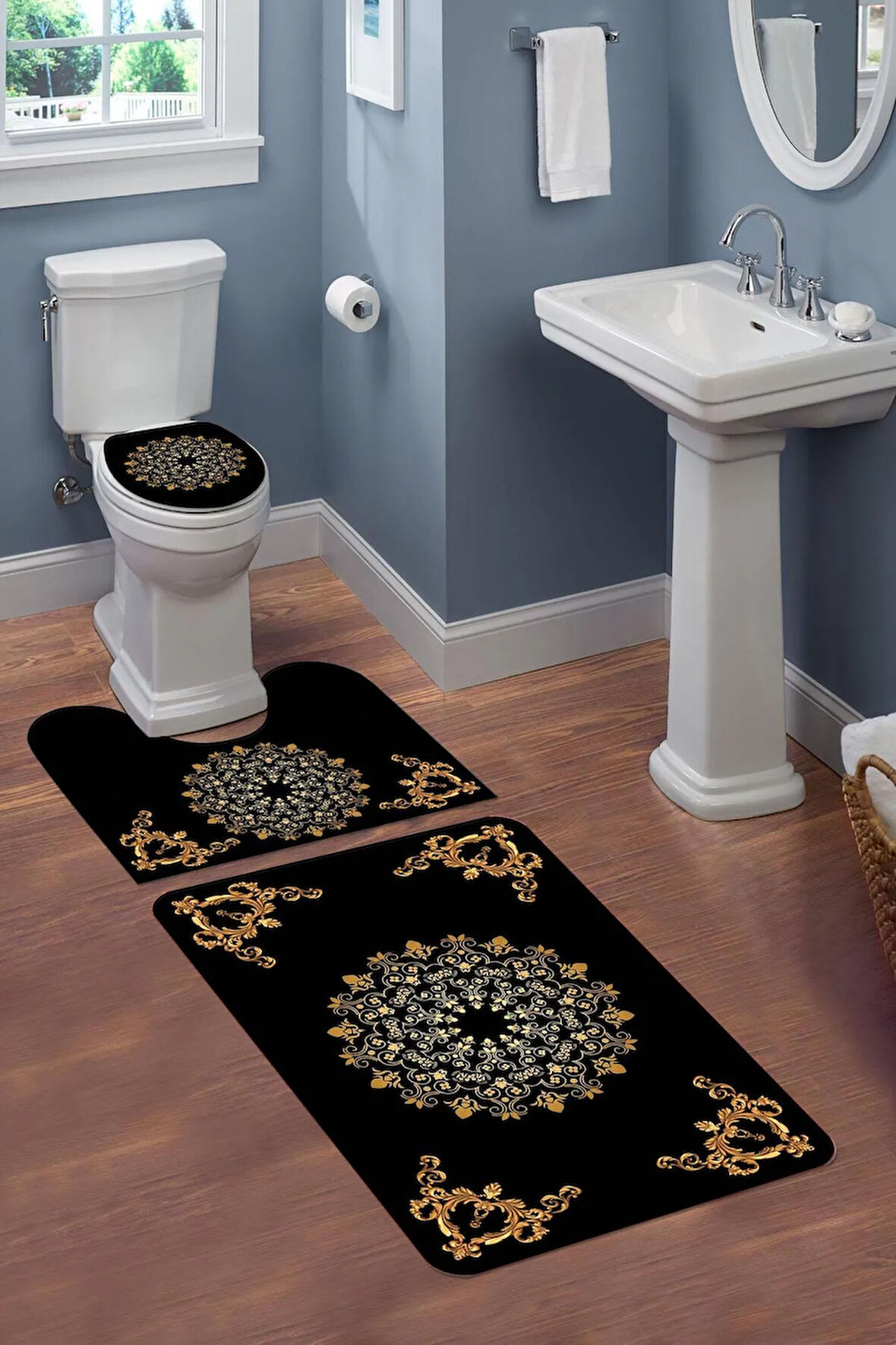 Yıkanabilir Kaymaz Tabanlı Modern Desenli 3'lü Klozet Takımı Banyo Paspas Seti