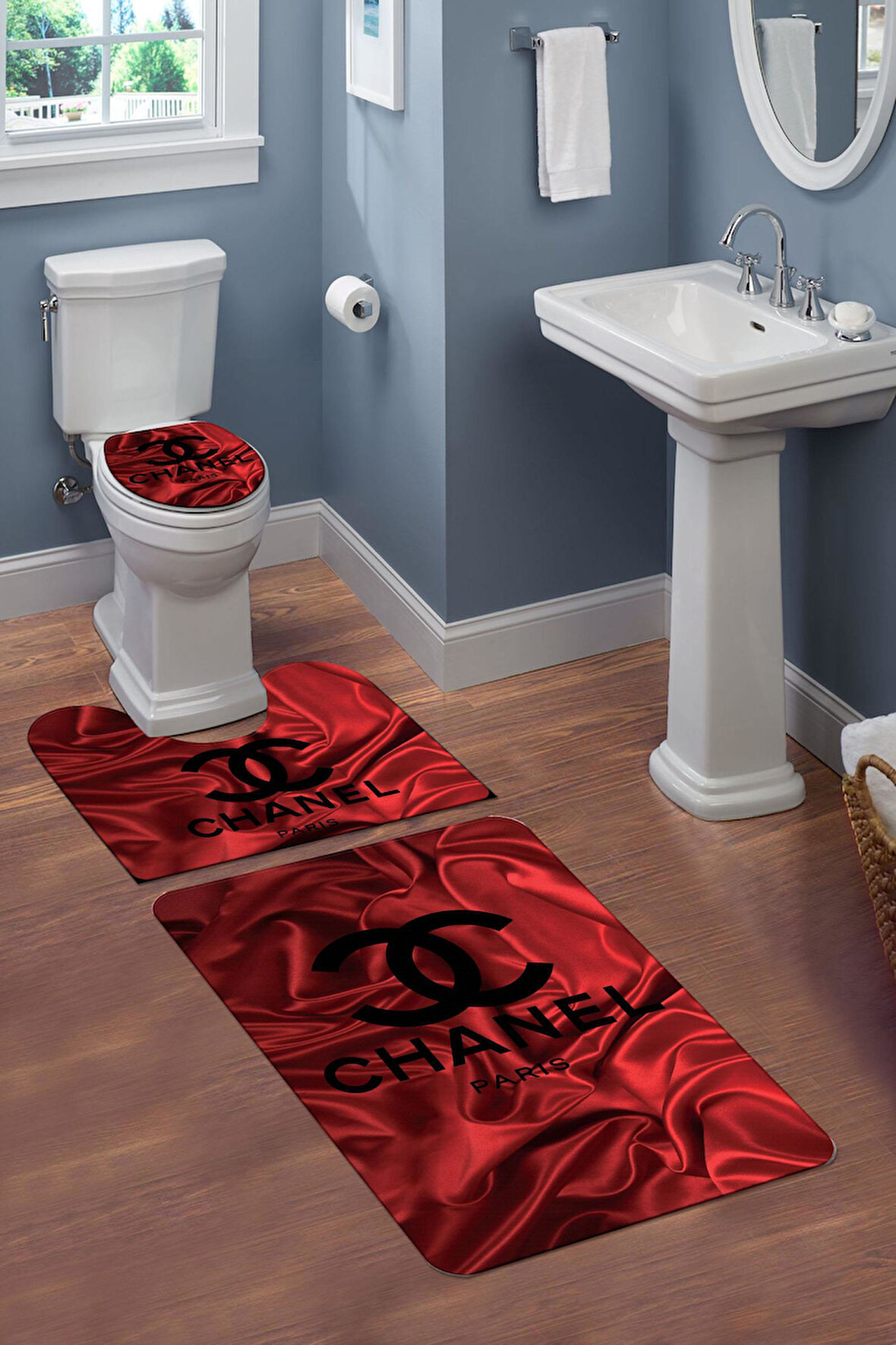 Yıkanabilir Kaymaz Tabanlı Modern Desenli 3'lü Klozet Takımı Banyo Paspas Seti