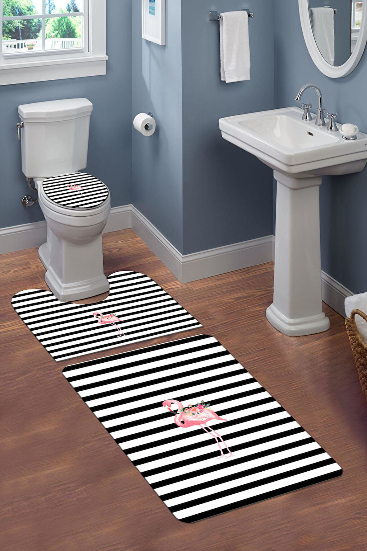 Yıkanabilir Kaymaz Tabanlı Modern Desenli 3'lü Klozet Takımı Banyo Paspas Seti