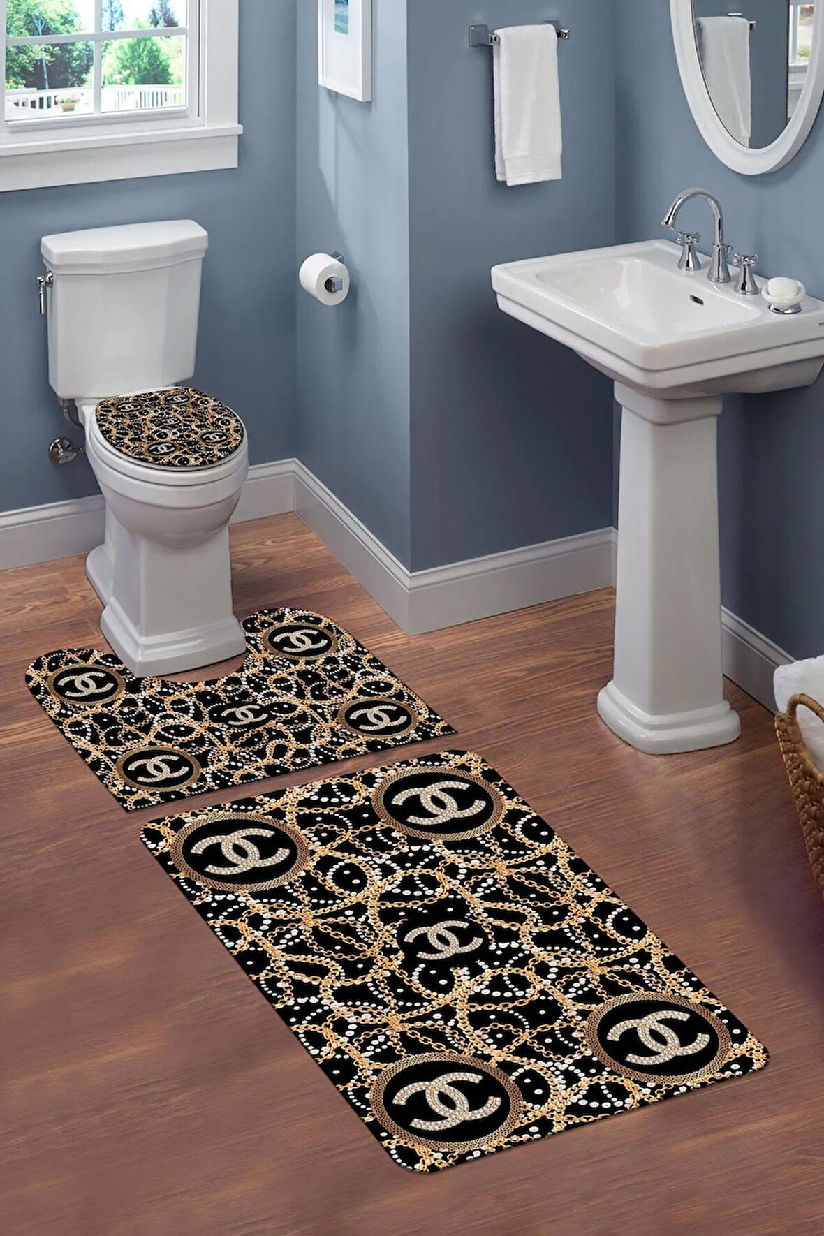 Yıkanabilir Kaymaz Tabanlı Modern Desenli 3'lü Klozet Takımı Banyo Paspas Seti