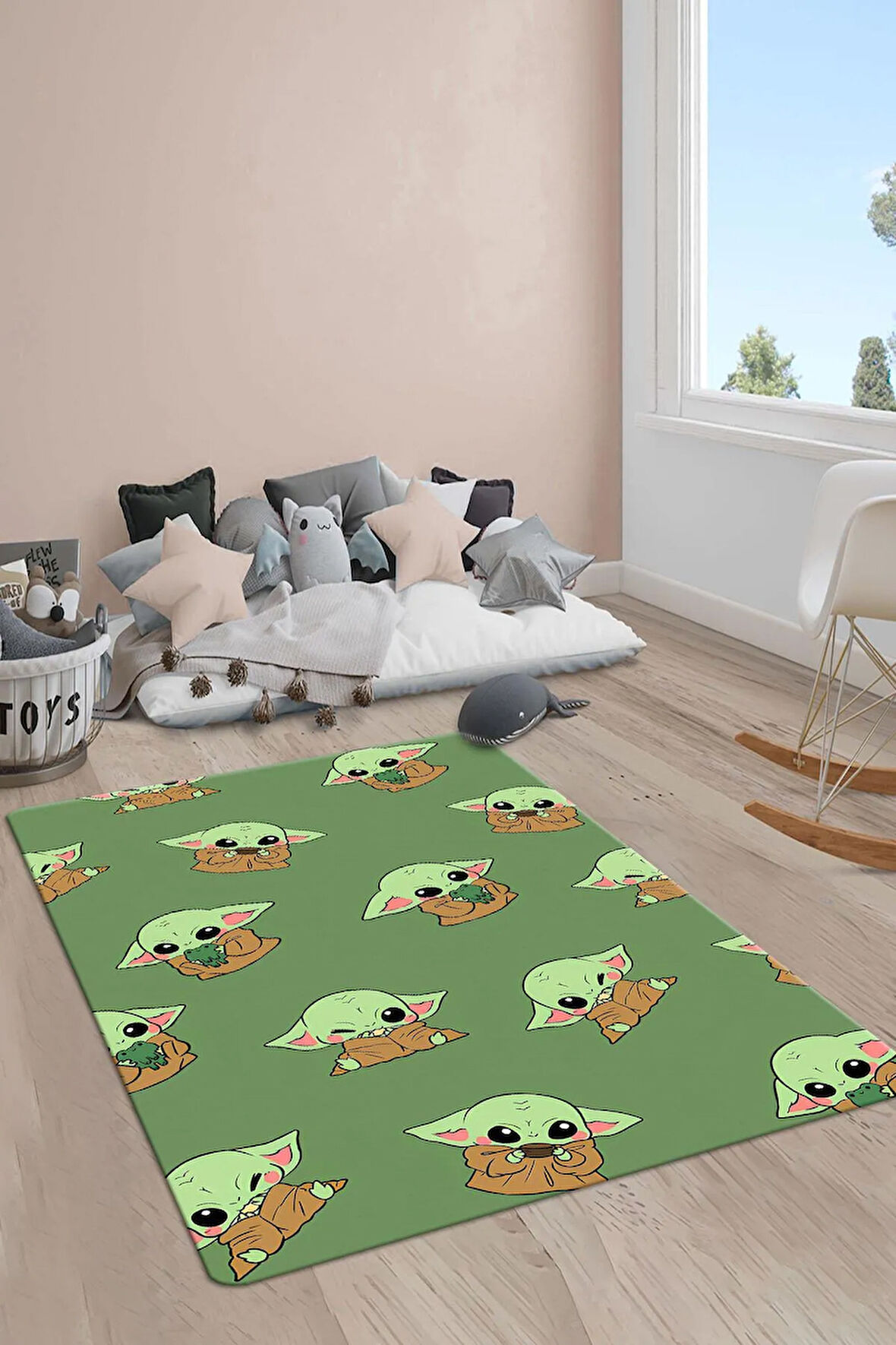 Kaymaz Taban Makinede Yıkanabilir Baby Yoda Desenli Çocuk Halısı