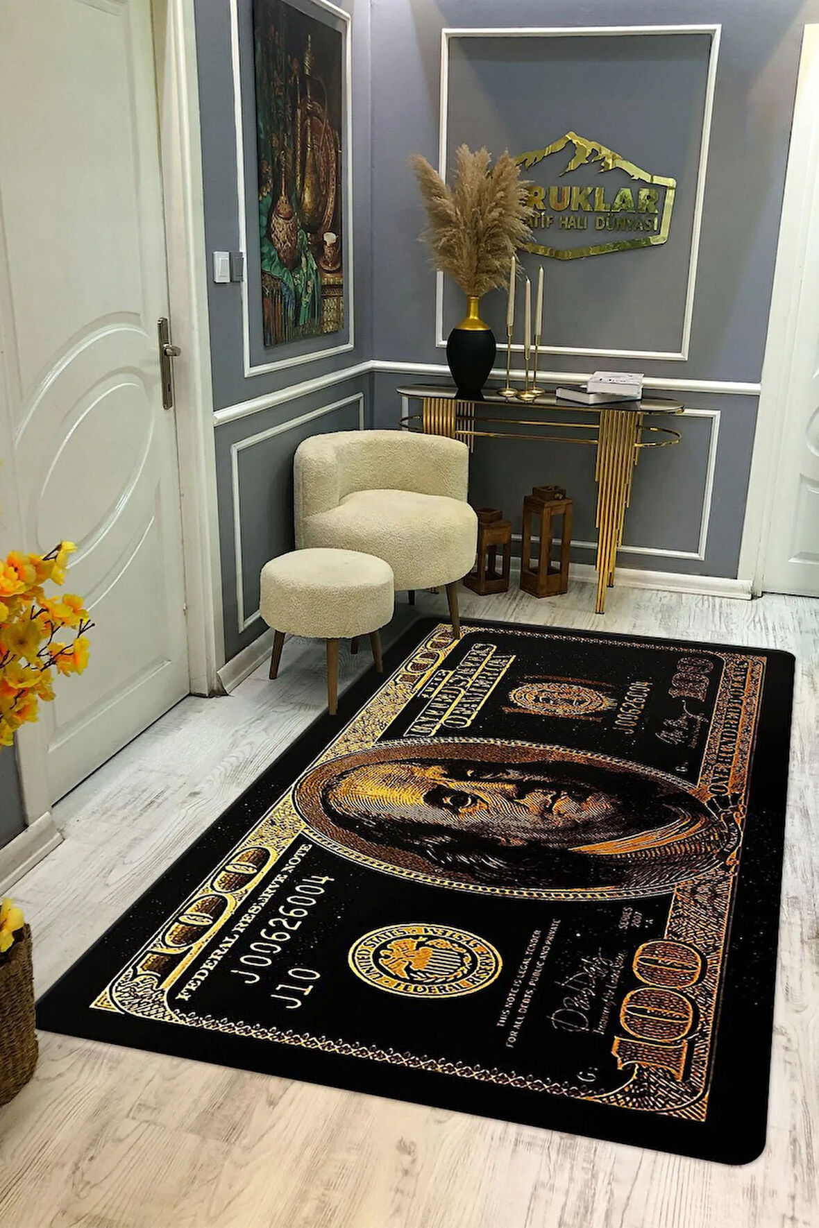 Kaymaz Tabanlı Makinede Yıkanabilir Dijital Baskı Dolar Desenli Dot Taban Halı