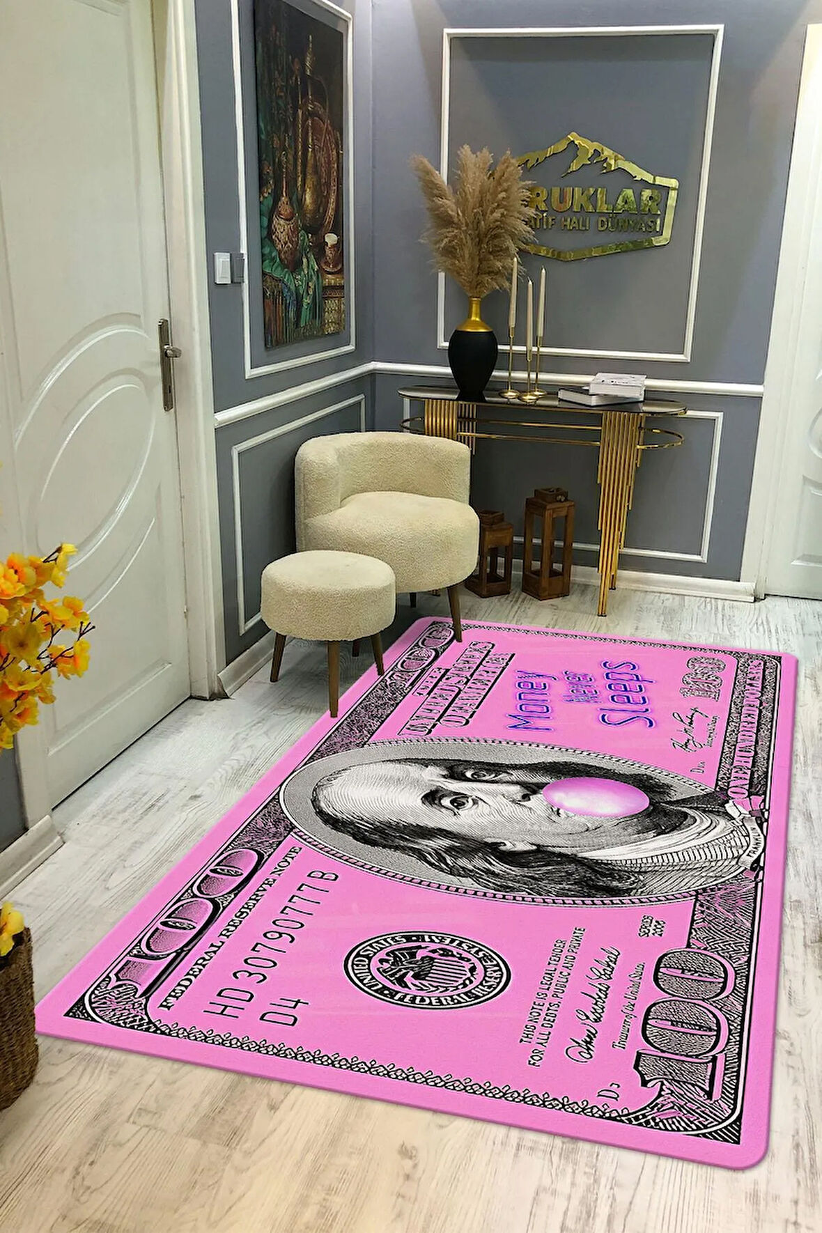 Kaymaz Tabanlı Makinede Yıkanabilir Dijital Baskı Dolar Desenli Dot Taban Halı