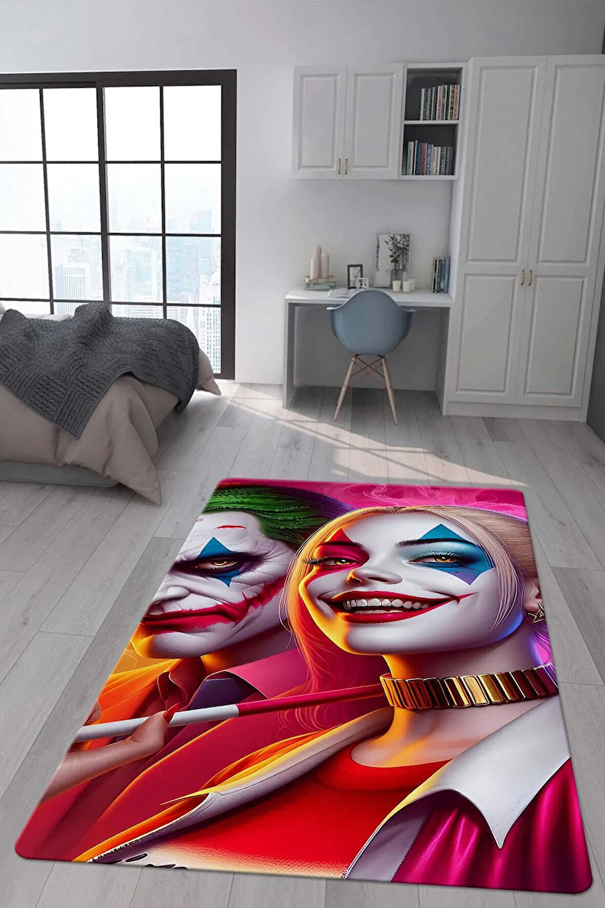 Kaymaz Taban Makinede Yıkanabilir Dijital Baskı Harley Ve Joker Desenli Çocuk Halısı