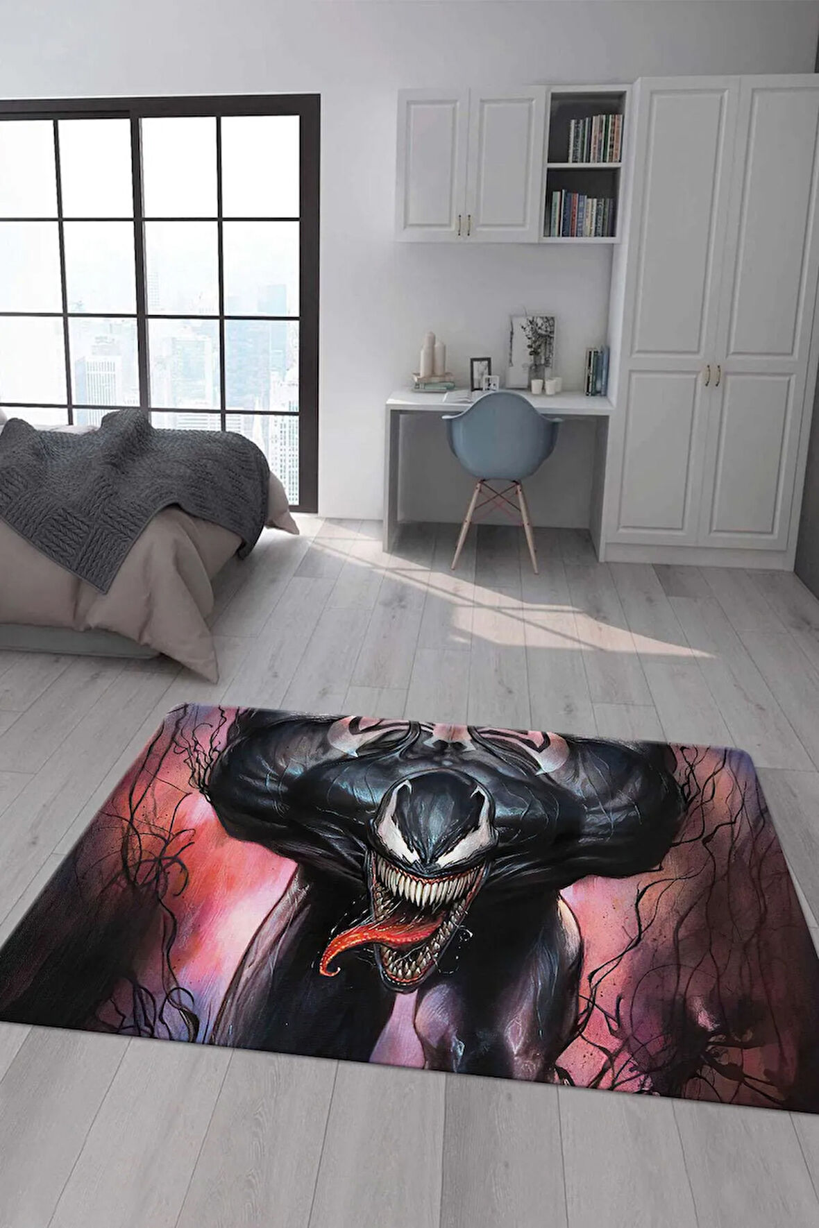 Kaymaz Taban Makinede Yıkanabilir Dijital Baskı Venom Desenli Genç Odası Halısı