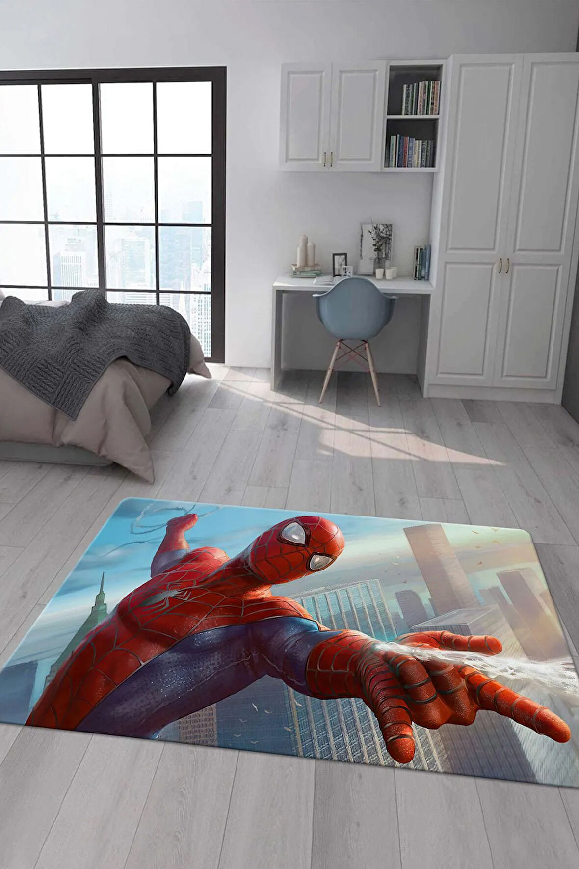 Kaymaz Taban Makinede Yıkanabilir Dijital Baskı Spiderman Desenli Genç Odası Halısı