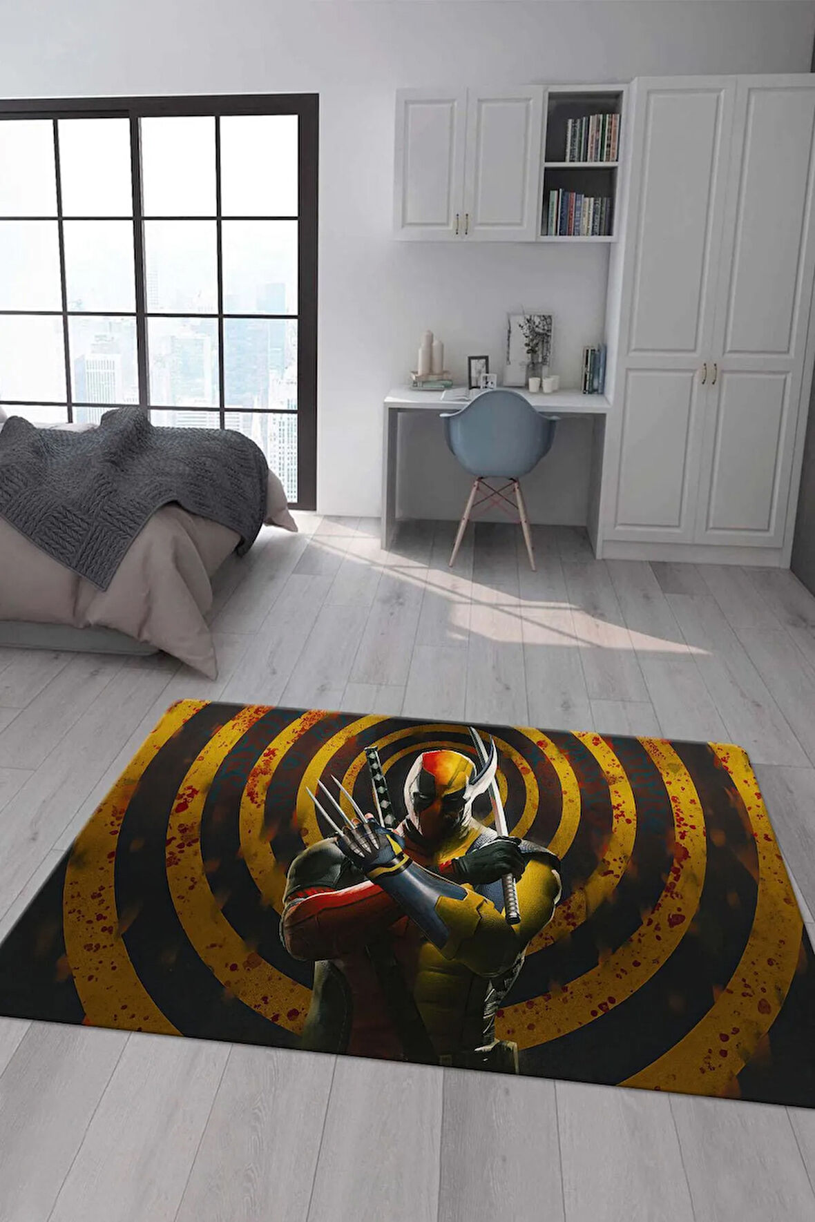 Kaymaz Taban Makinede Yıkanabilir Dijital Baskı Deadpool Desenli Genç Odası Halısı