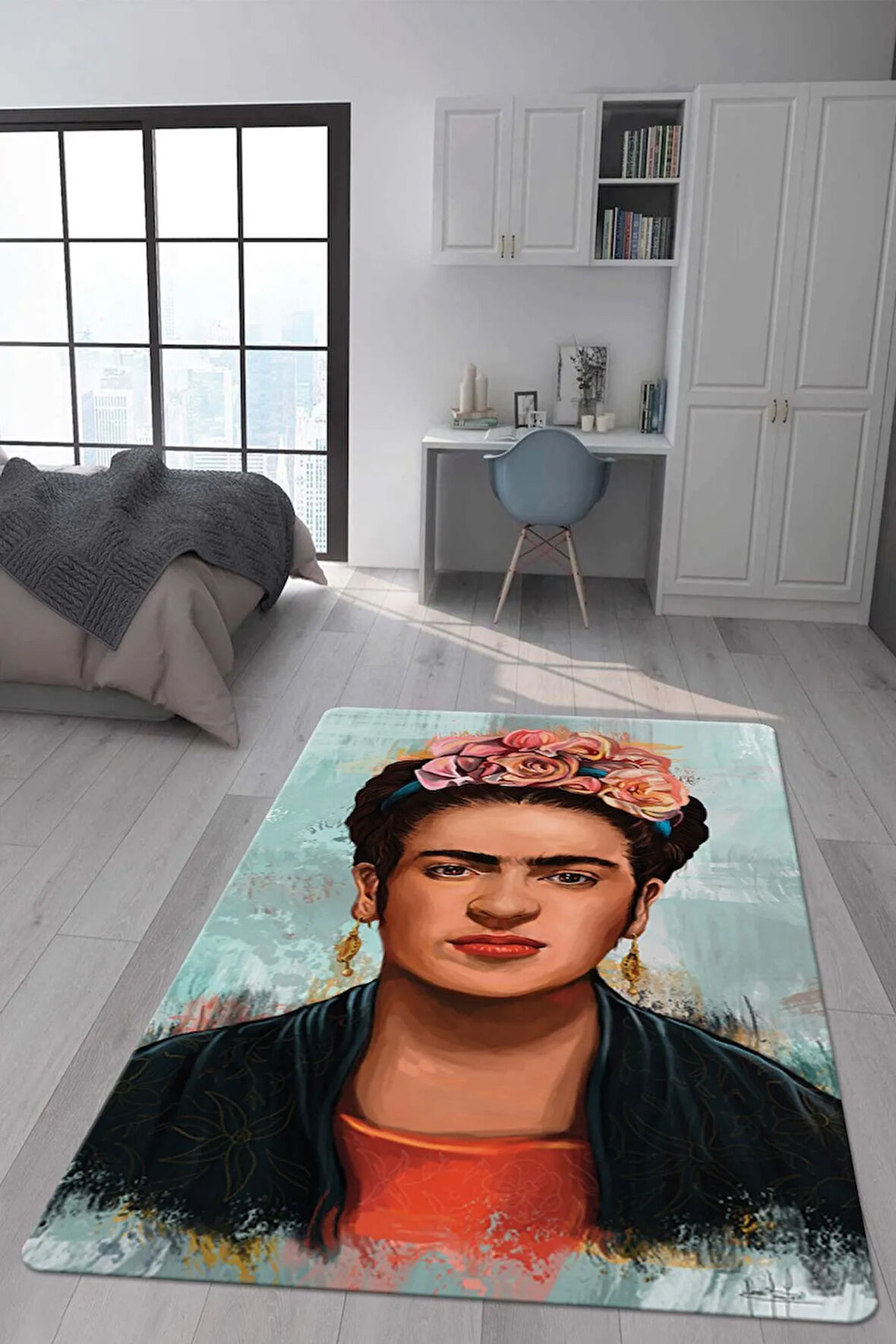 Kaymaz Taban Makinede Yıkanabilir Dijital Baskı Çiçekli Kadın Desenli Genç Odası Halısı