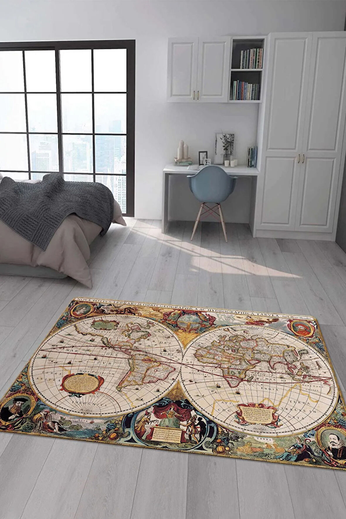 Kaymaz Taban Makinede Yıkanabilir Dijital Baskı Dünya Haritası Desenli Genç Odası Halısı