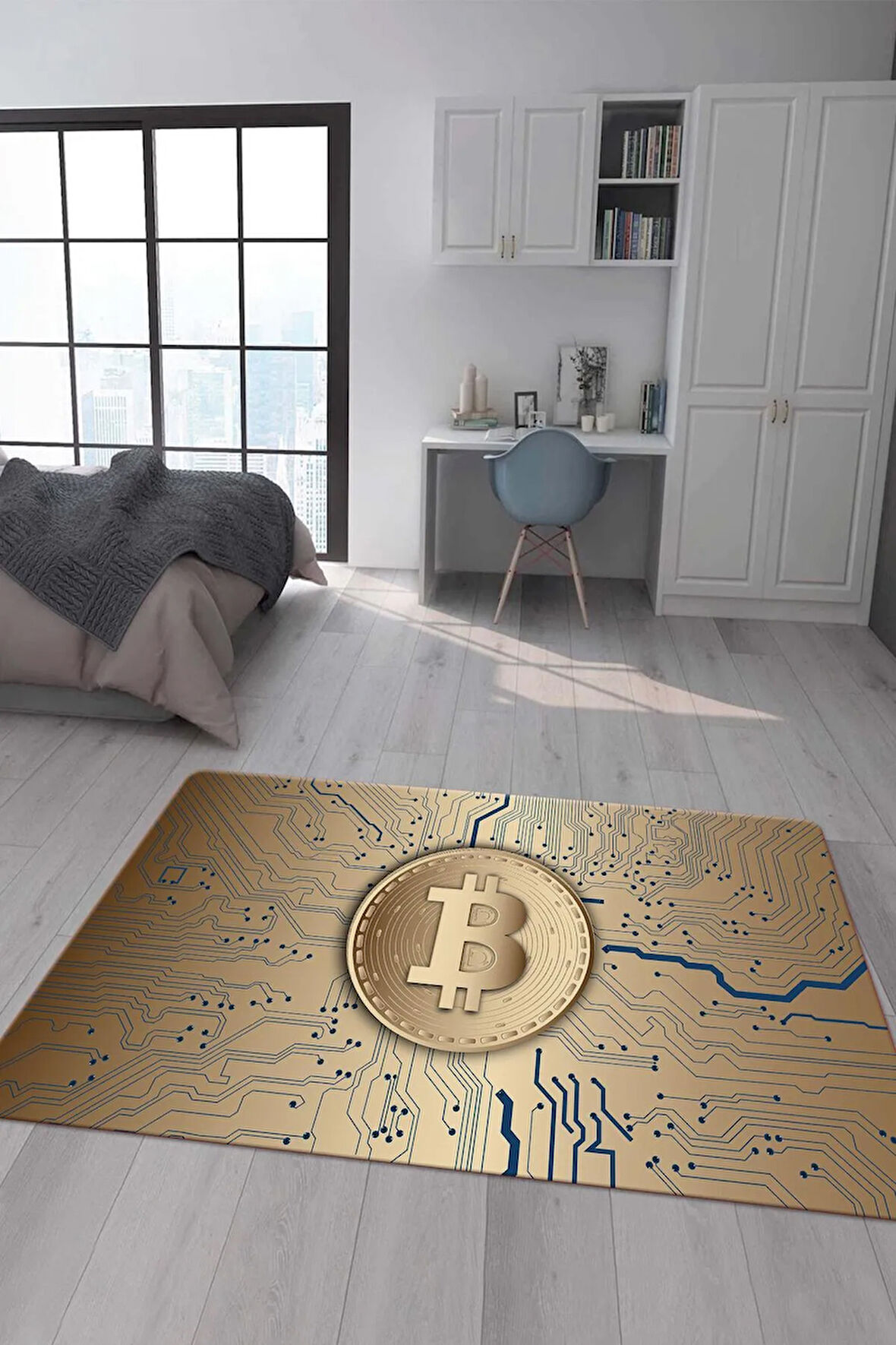 Kaymaz Taban Makinede Yıkanabilir Dijital Baskı Bitcoin Desenli Genç Odası Halısı