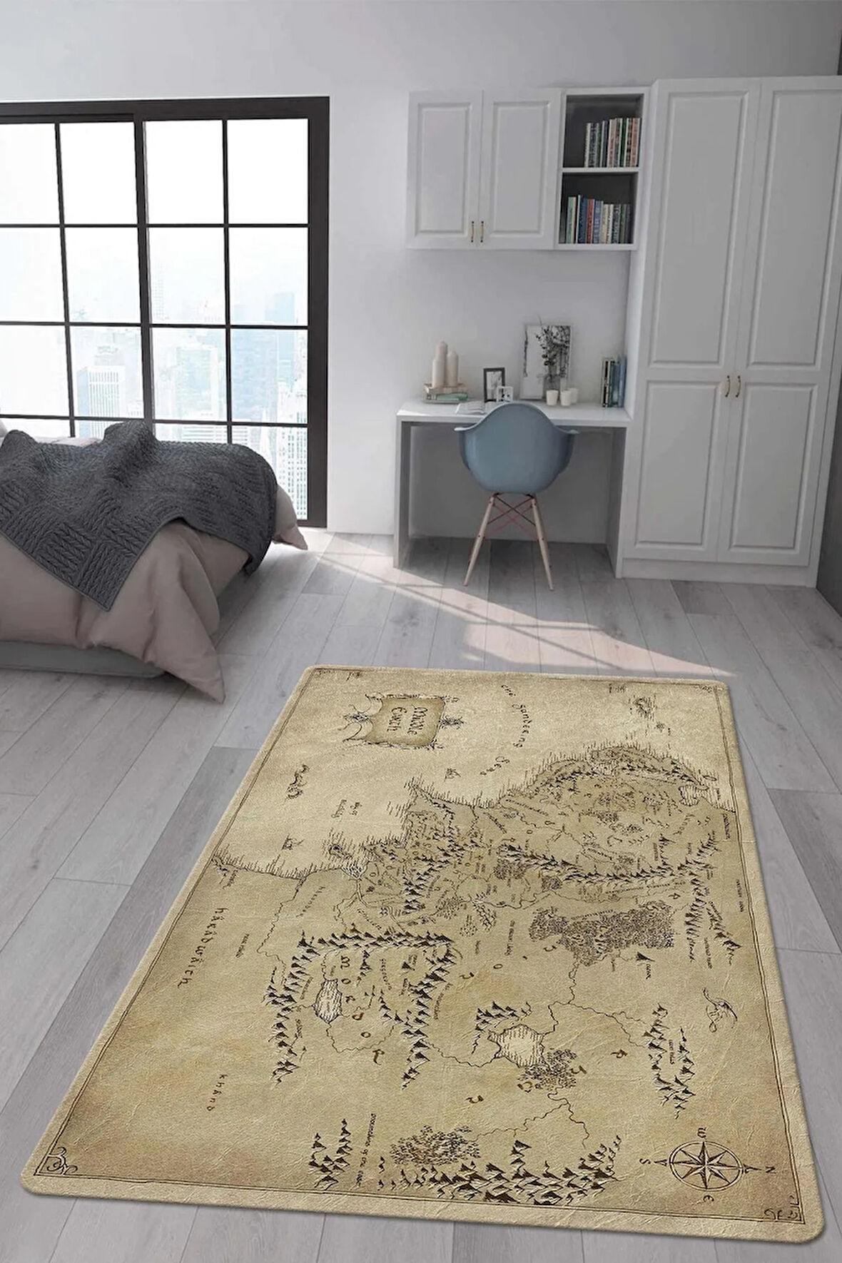 Kaymaz Taban Makinada Yıkanabilir Dijital Baskı Harita Desenli Genç Odası Halısı