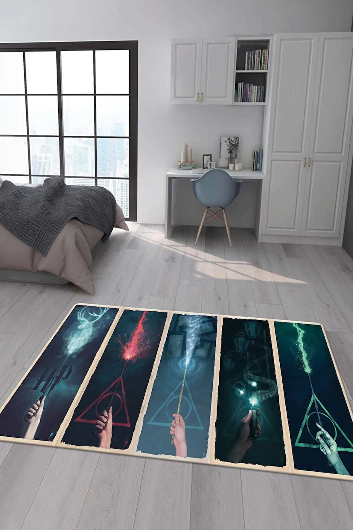 Kaymaz Taban Makinada Yıkanabilir Dijital Baskı Harry Potter Asalar Desenli Genç Odası Halısı