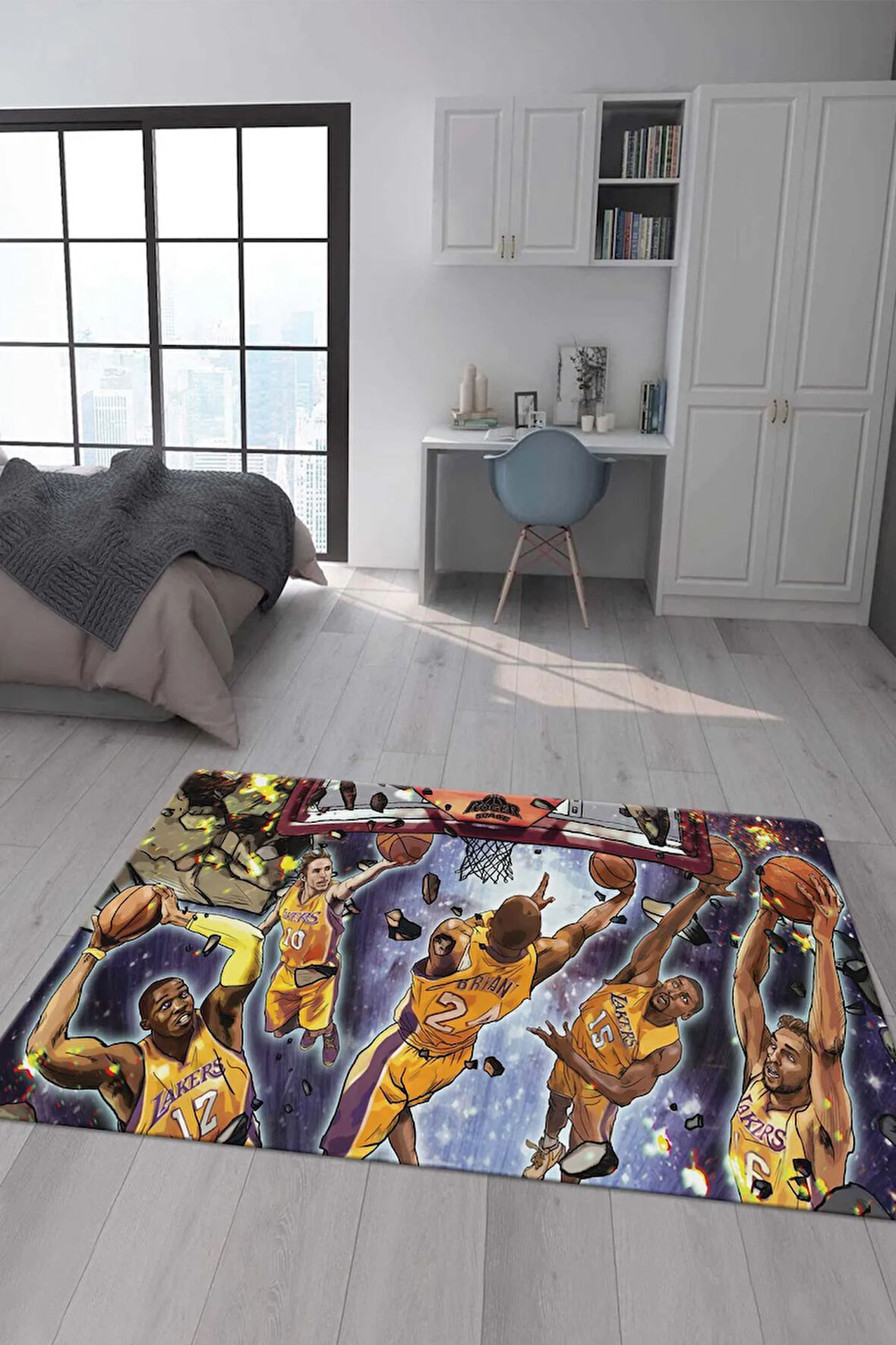 Kaymaz Taban Makinede Yıkanabilir Dijital Baskı Basketbol Desenli Genç Odası Halısı