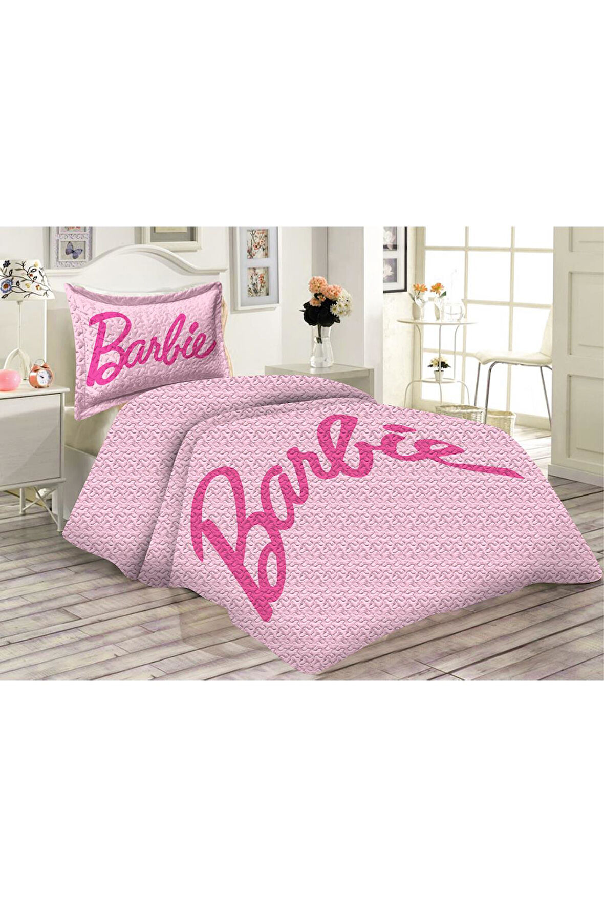 Kapitoneli Pamuk Dolgulu Kadife Kumaş Barbie Desenli Tek Kişilik Çocuk Genç Yatak Örtüsü Seti