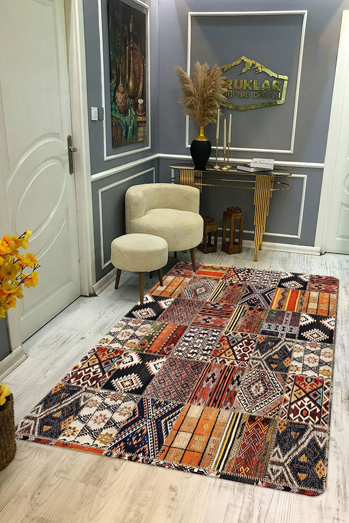 Kaymaz Tabanlı Yıkanabilir Leke Tutmaz Kilim Desenli Salon Halısı Dot Taban Halı KDH13