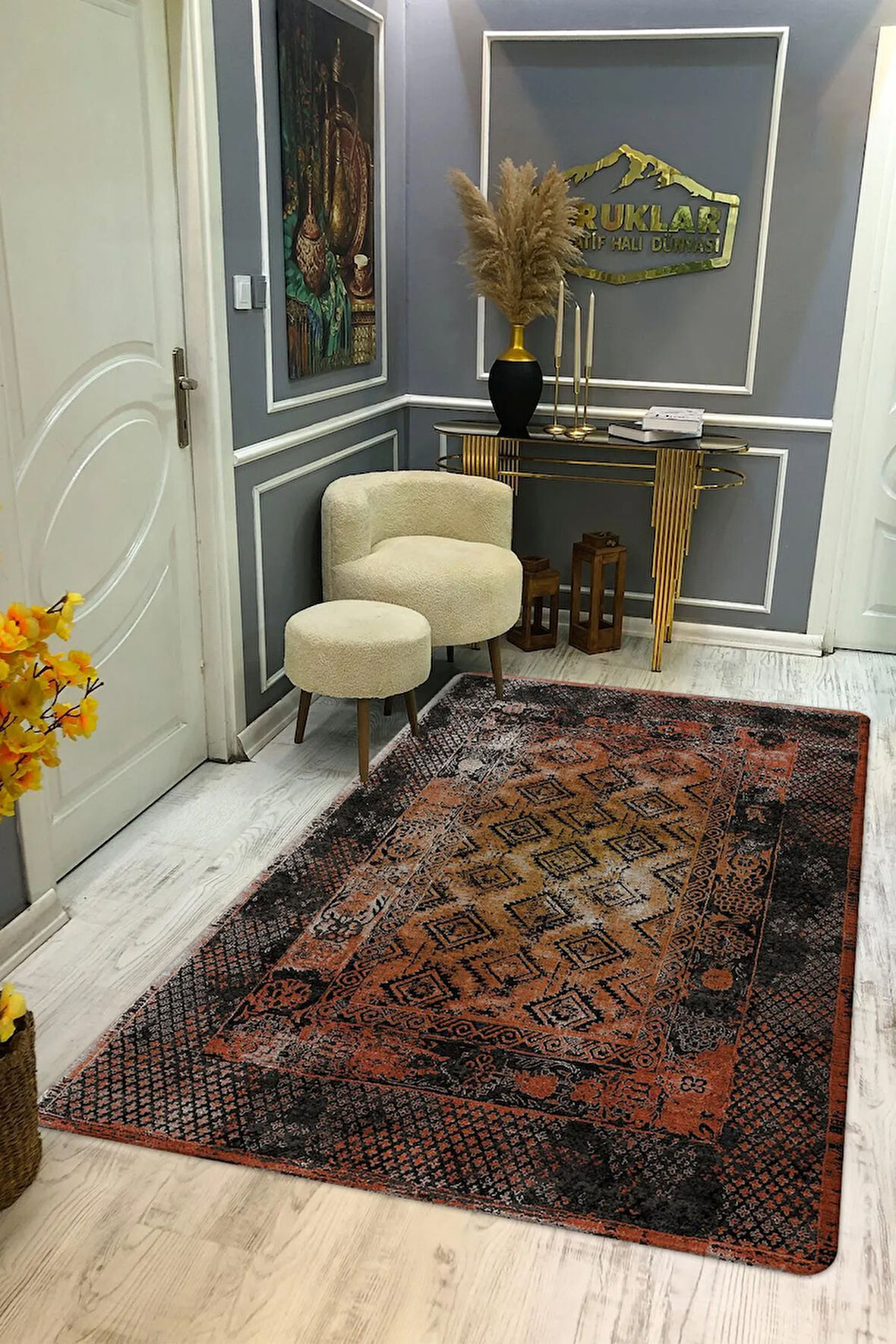 Kaymaz Tabanlı Yıkanabilir Leke Tutmaz Kilim Desenli Salon Halısı Dot Taban Halı KDH16