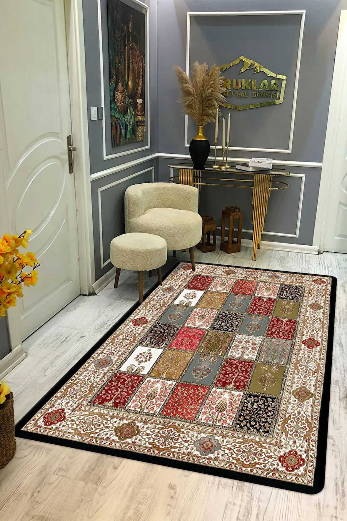 Kaymaz Tabanlı Yıkanabilir Leke Tutmaz Kilim Desenli Salon Halısı Dot Taban Halı KDH18