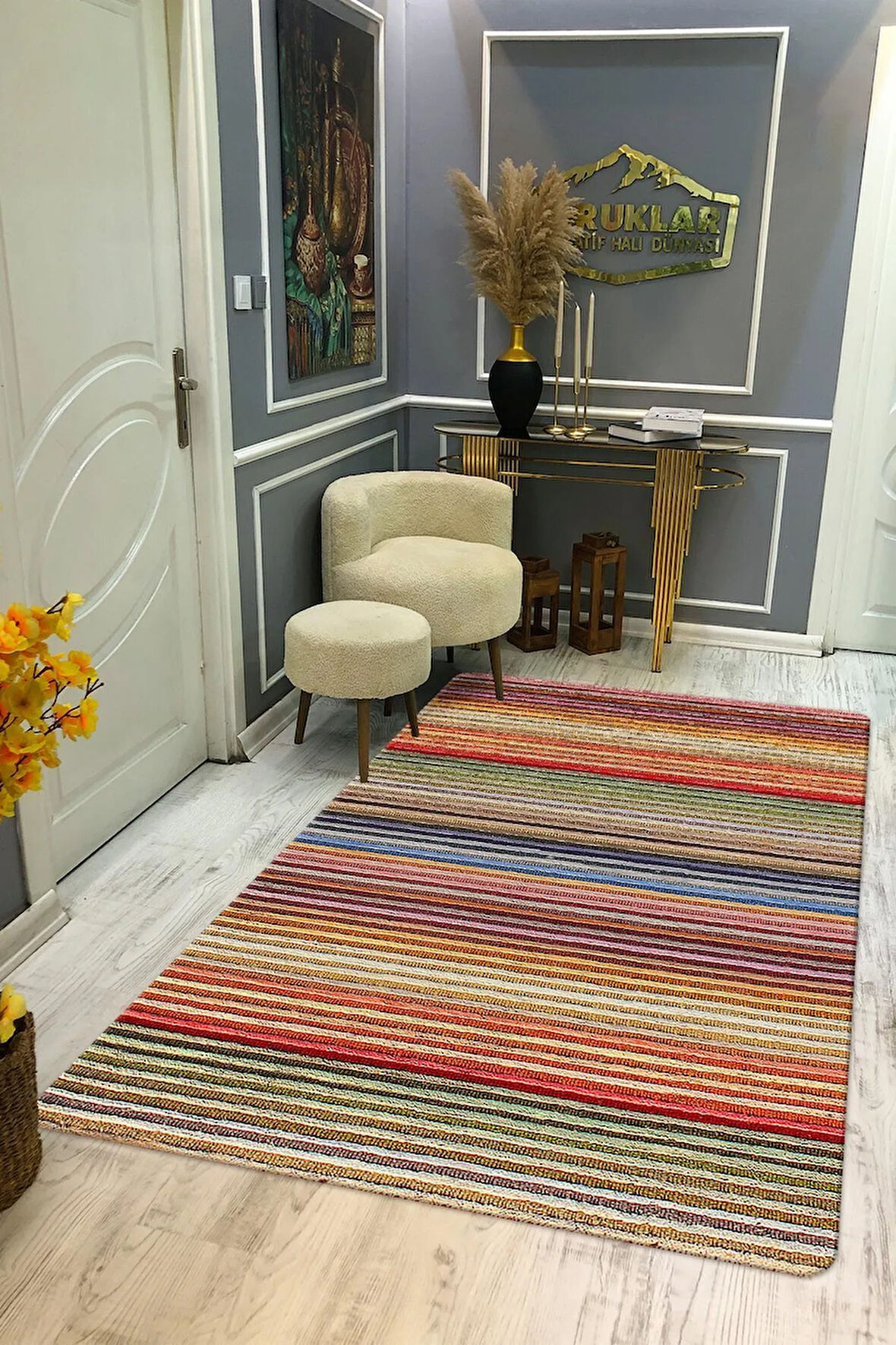 Kaymaz Tabanlı Yıkanabilir Leke Tutmaz Kilim Desenli Salon Halısı Dot Taban Halı KDH21