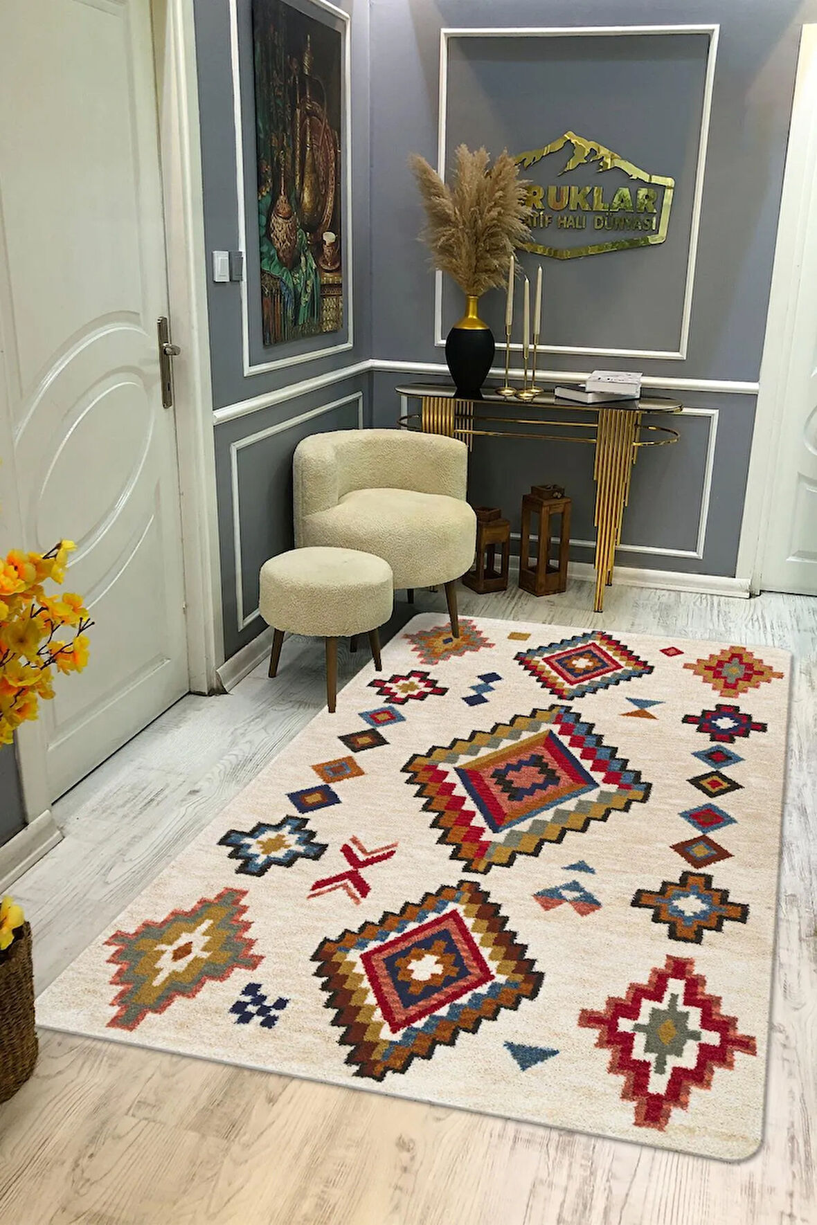 Kaymaz Tabanlı Yıkanabilir Leke Tutmaz Kilim Desenli Salon Halısı Dot Taban Halı KDH29