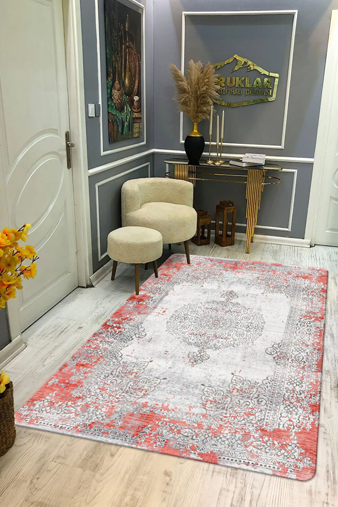 Kaymaz Tabanlı Yıkanabilir Leke Tutmaz Modern Klasik Desenli Salon Halısı Dot Taban Halı KLDH22