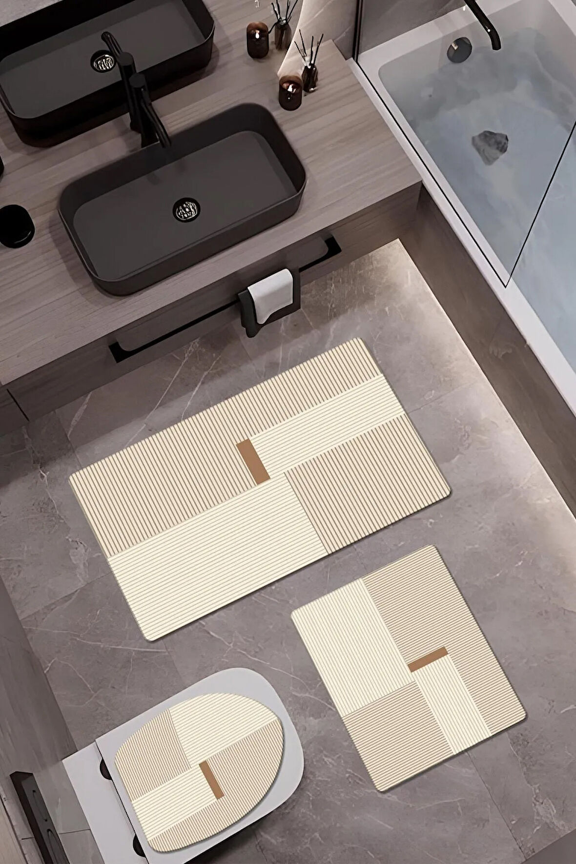 Bambu Kumaş Deri Tabanlı Yıkanabilir Kaymaz Tabanlı Modern Desenli 3'lü Klozet Takımı Banyo Paspas Seti
