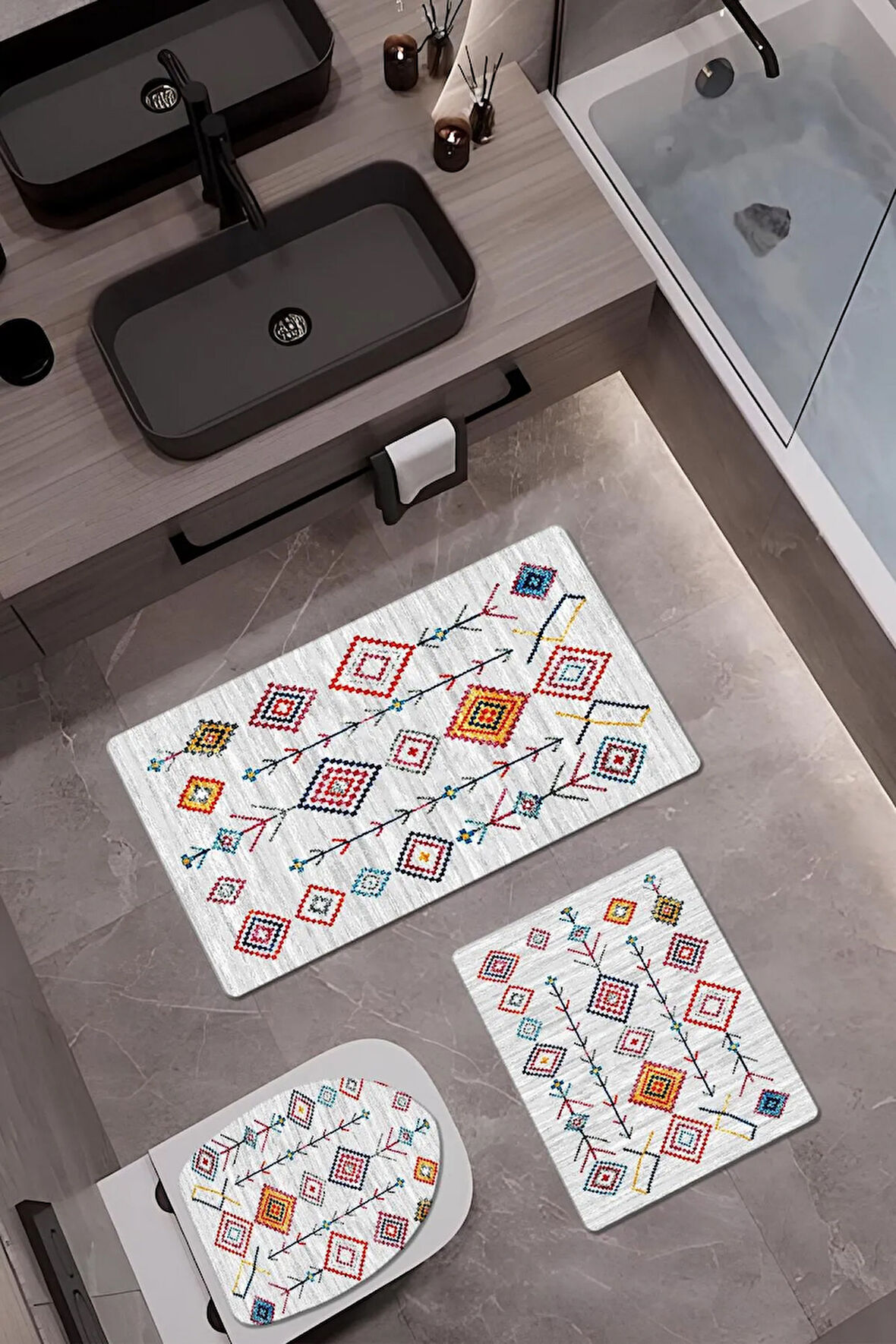 Bambu Kumaş Deri Tabanlı Yıkanabilir Kaymaz Tabanlı Modern Desenli 3'lü Klozet Takımı Banyo Paspas Seti