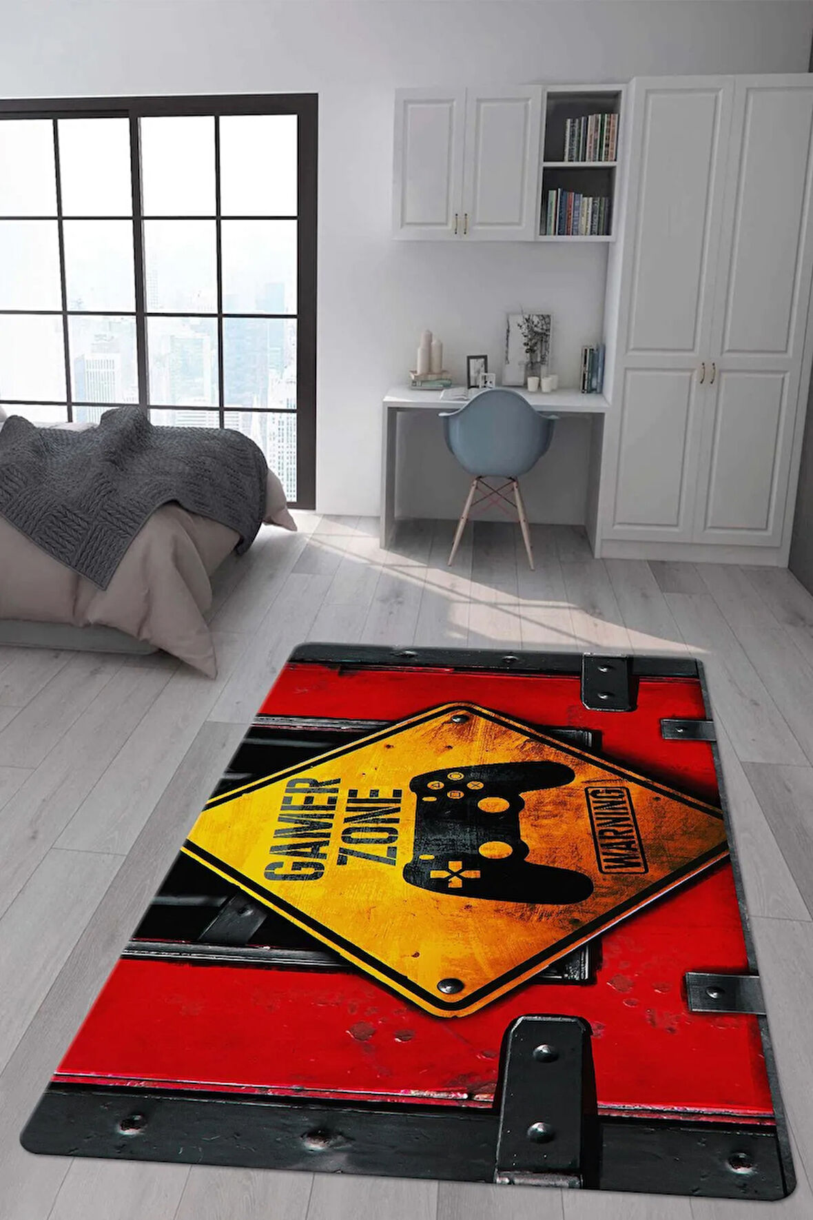 Kaymaz Taban Makinede Yıkanabilir Dijital Baskı Gamer Desenli Genç Odası Halısı