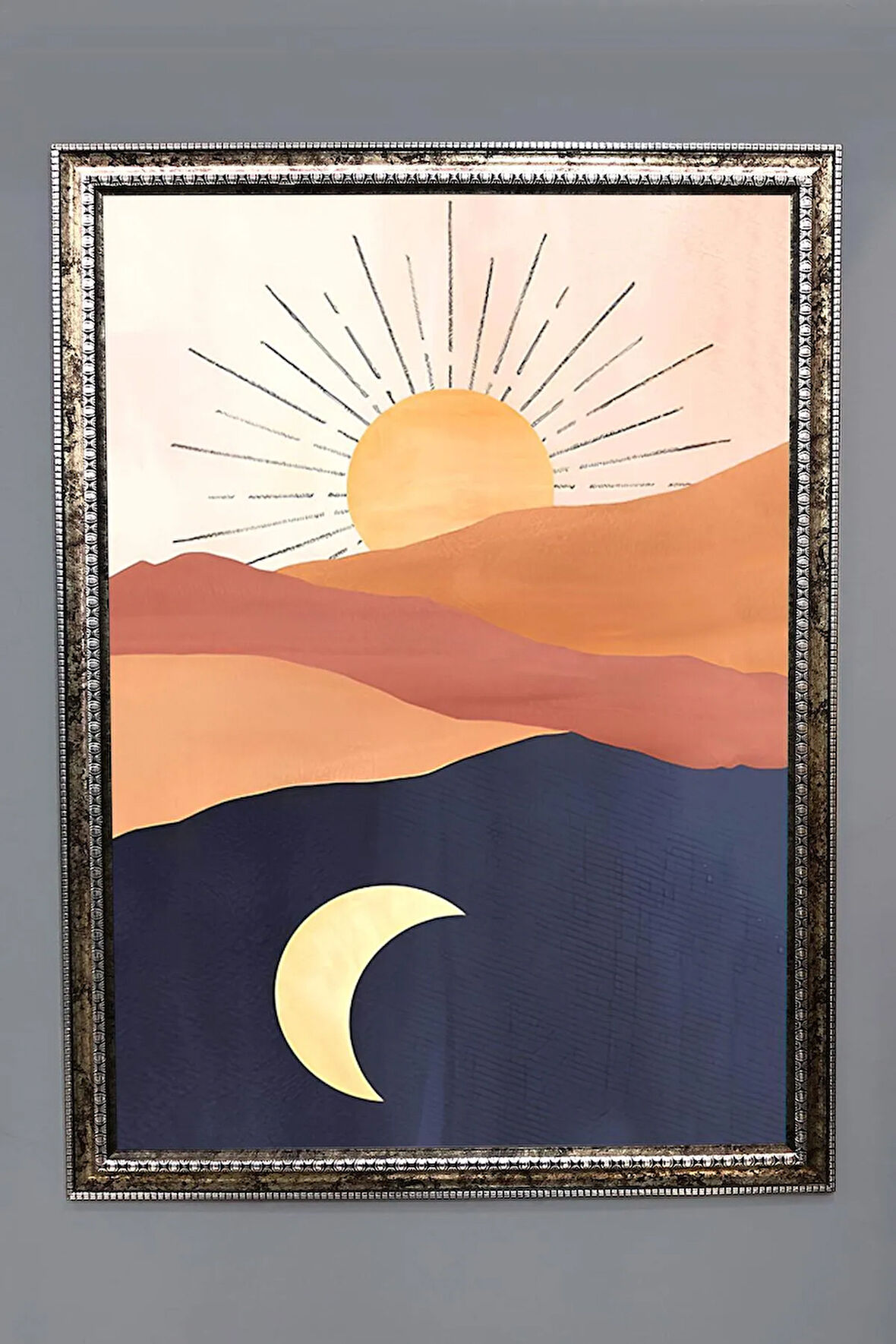 Dekoratif Modern Çerçeveli Gündüz Ve Gece Desenli Duvar Tablosu 50x70 CM