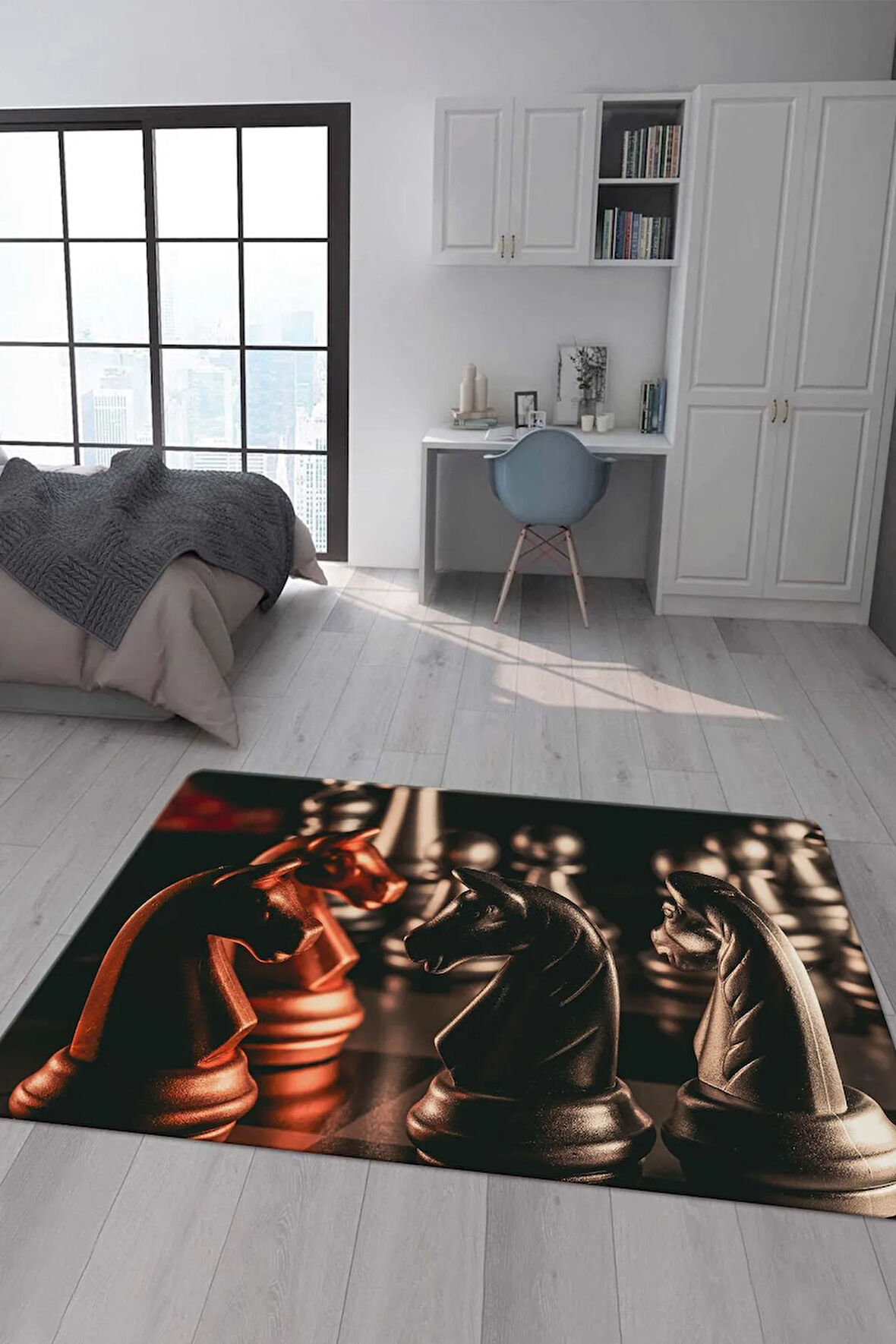 Kaymaz Taban Makinada Yıkanabilir Dijital Baskı Satranç Desenli Genç Halısı Dot Taban Halı