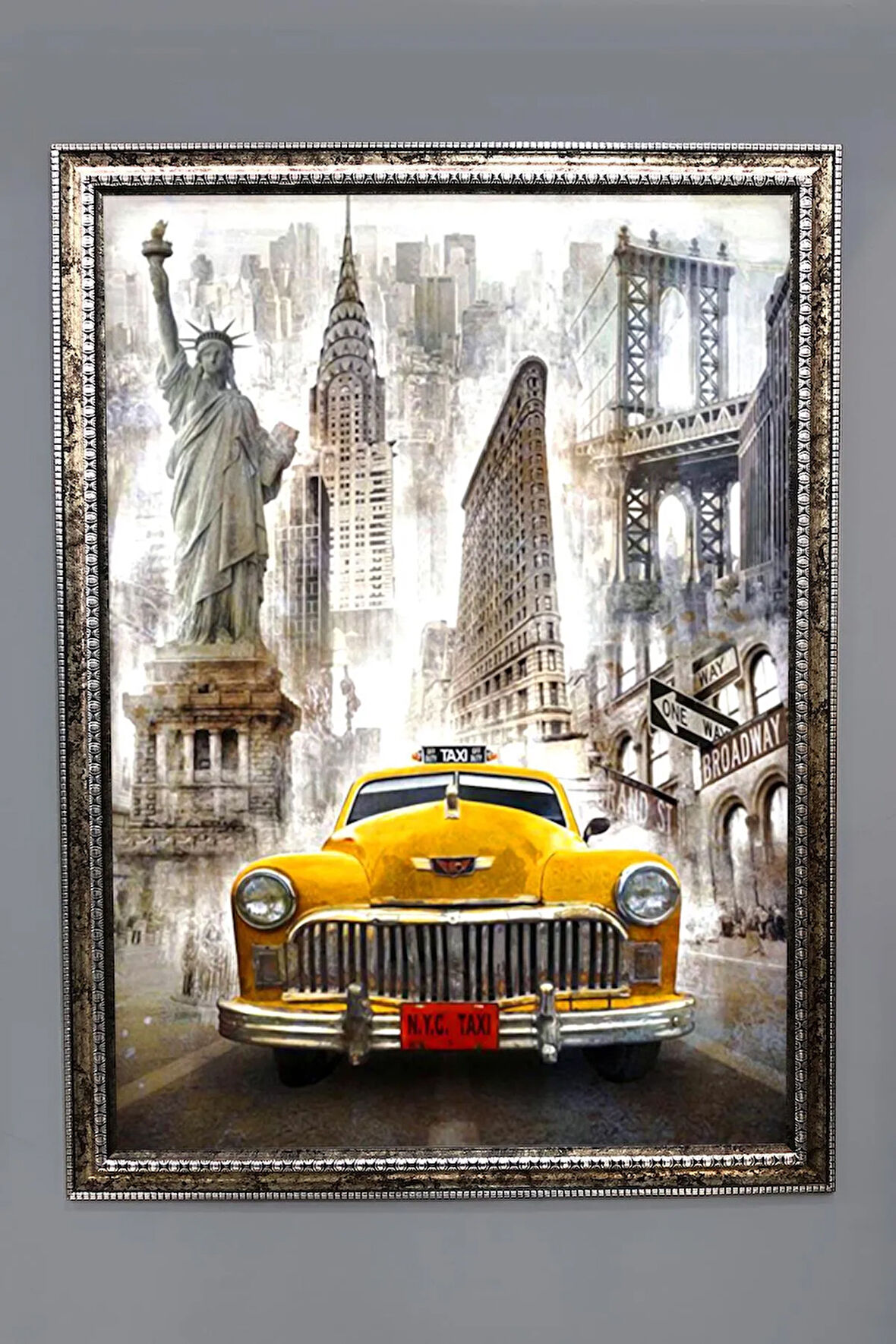 Dekoratif Modern Çerçeveli Sarı Taxi Desenli Duvar Tablosu 50x70 CM