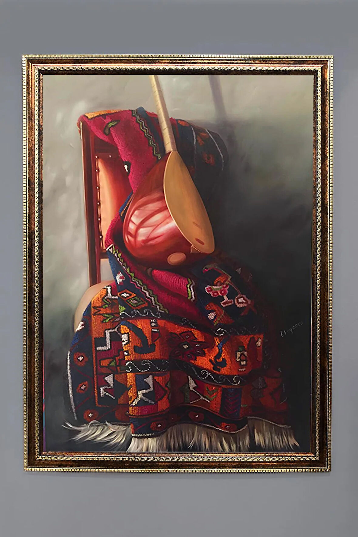 Dekoratif Modern Çerçeveli Otantik Halı ve Saz Desenli Duvar Tablosu 50x70 CM