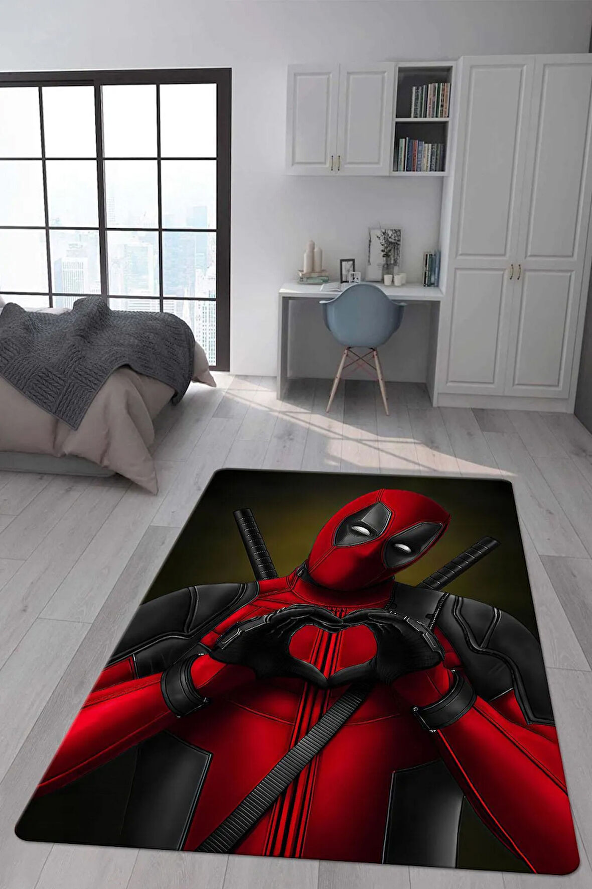 Kaymaz Taban Makinada Yıkanabilir Dijital Baskı Deadpool Desenli Genç ve Çocuk Odası Halısı Dot Taban Hal