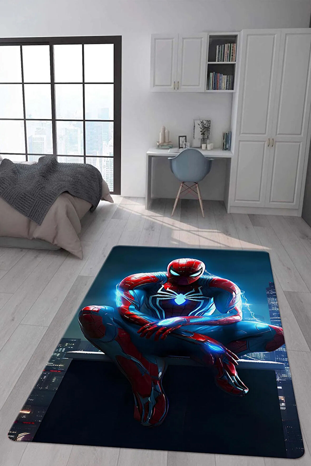Kaymaz Taban Makinada Yıkanabilir Dijital Baskı SpiderMan Desenli Genç ve Çocuk Odası Halısı Dot Taban Hal