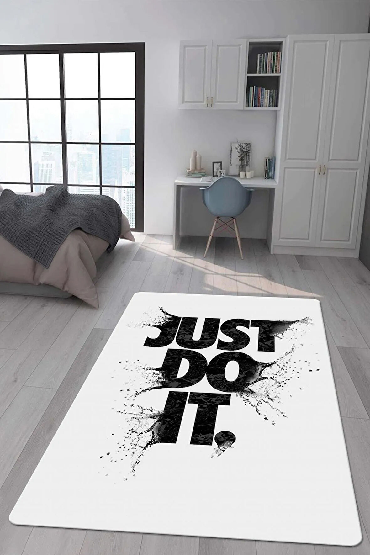 Kaymaz Taban Makinede Yıkanabilir Dijital Baskı Just Do It Desenli Genç Odası Halısı Dot Taban Halı
