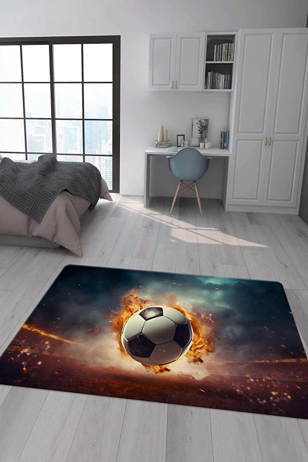 Kaymaz Taban Makinede Yıkanabilir Dijital Baskı Futbol Topu Desenli Genç Odası Halısı Dot Taban Halı