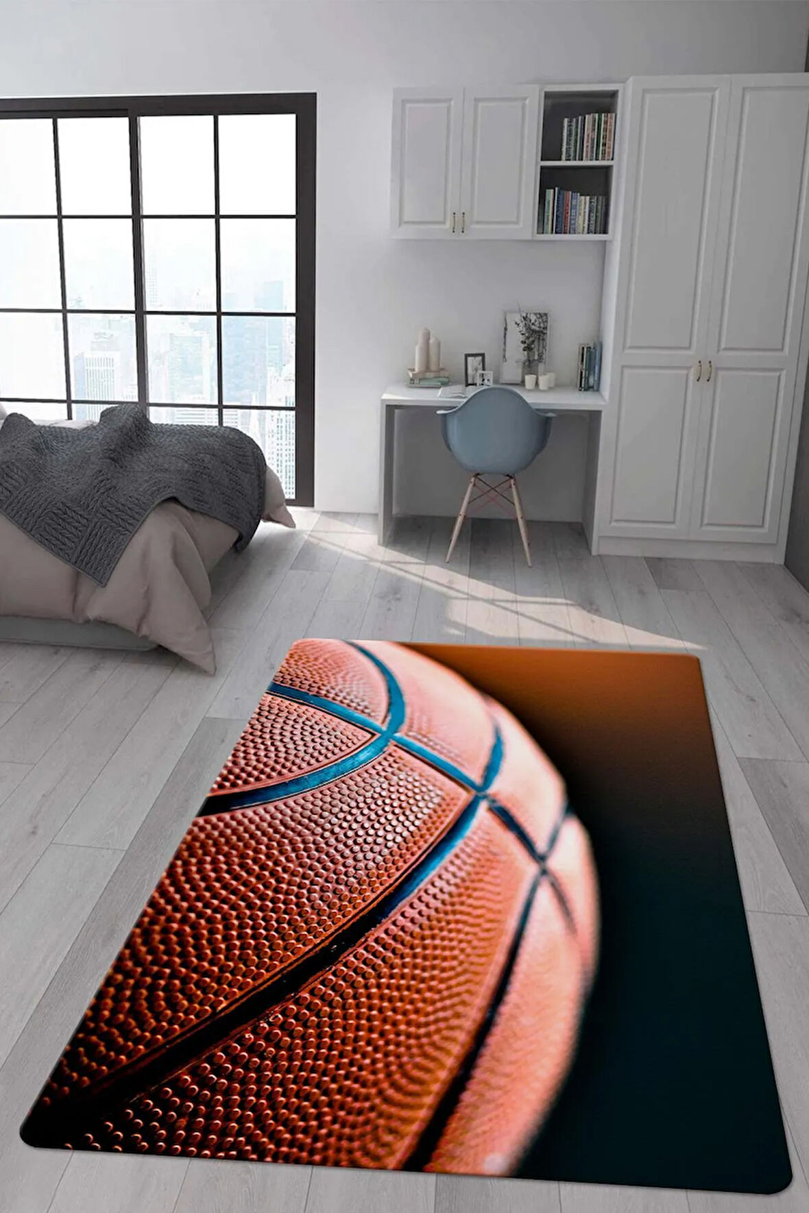 Kaymaz Taban Makinede Yıkanabilir Dijital Baskı Basket Topu Desenli Genç Odası Halısı Dot Taban Halı