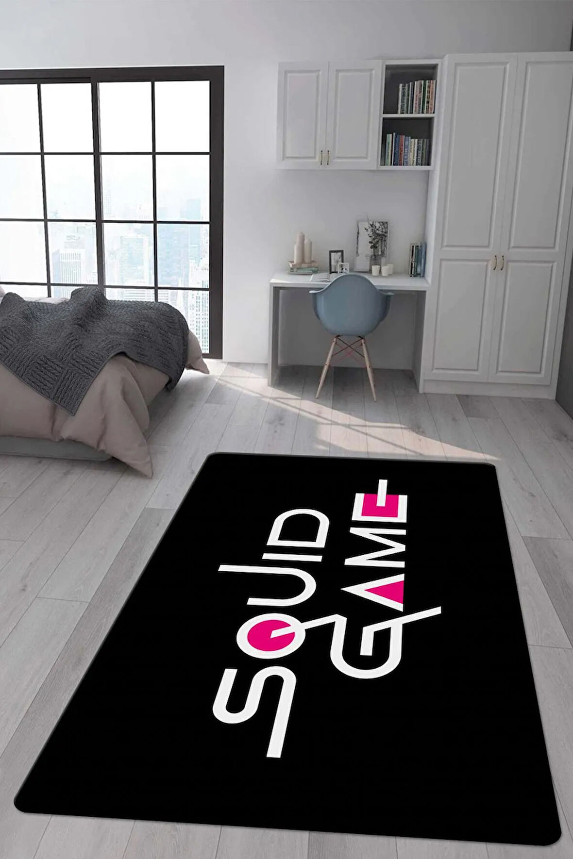 Kaymaz Taban Makinada Yıkanabilir Dijital Baskı Squid Game Desenli Genç Odası Halısı Dot Taban Halı