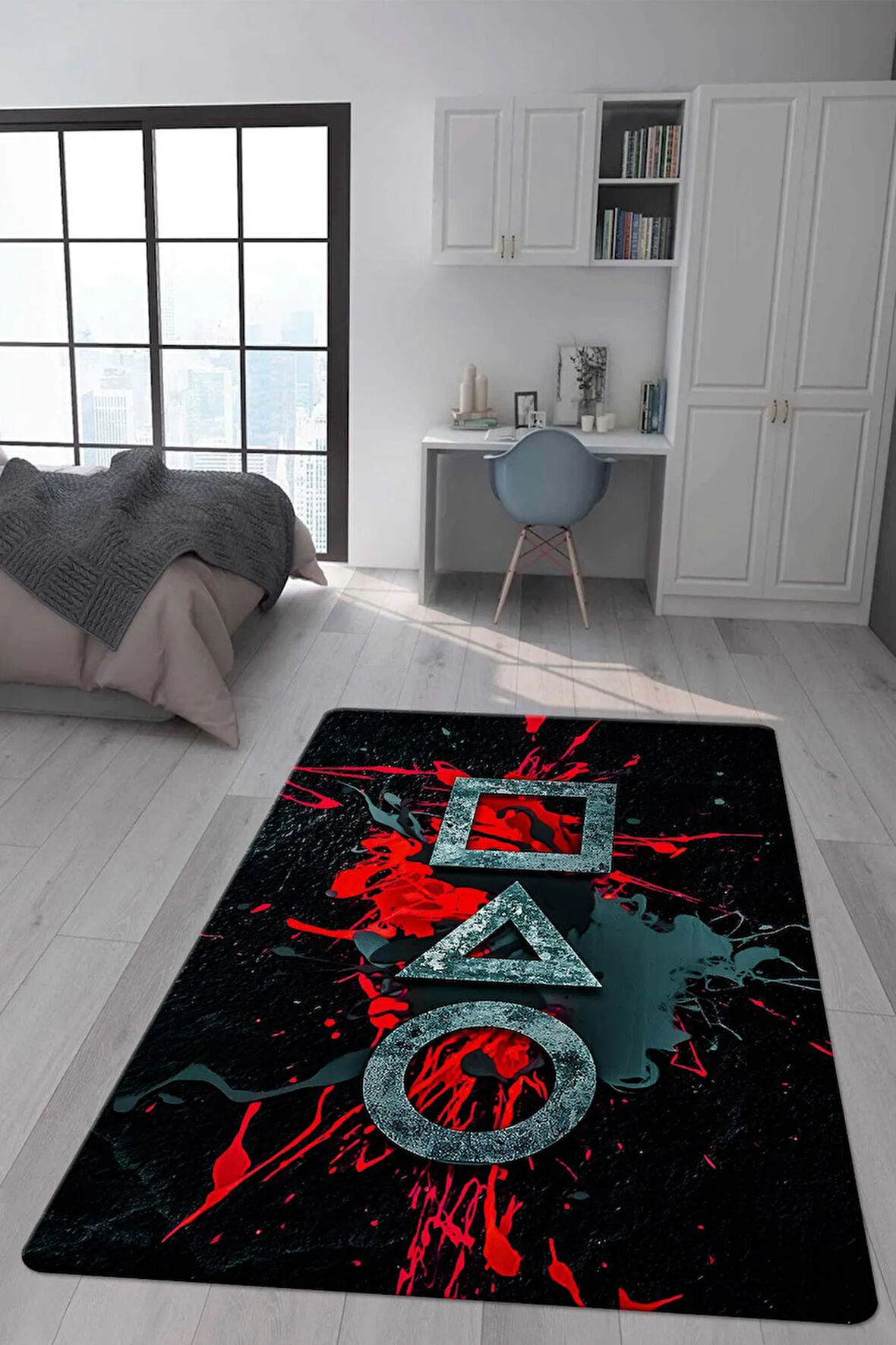 Kaymaz Taban Makinada Yıkanabilir Dijital Baskı Squid Game Desenli Genç Odası Halısı Dot Taban Halı