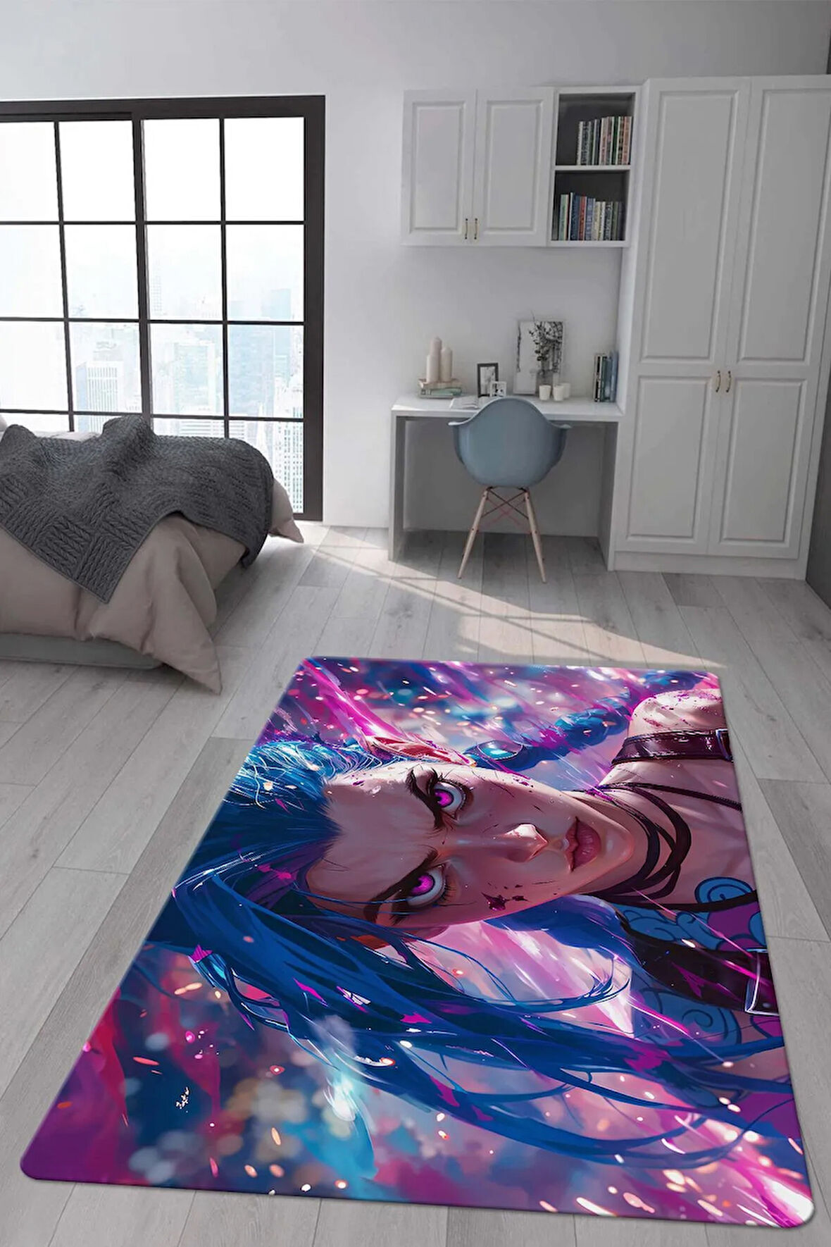 Kaymaz Taban Makinede Yıkanabilir Dijital Baskı Arcane Jinx Desenli Genç Odası Halısı Dot Taban Halı