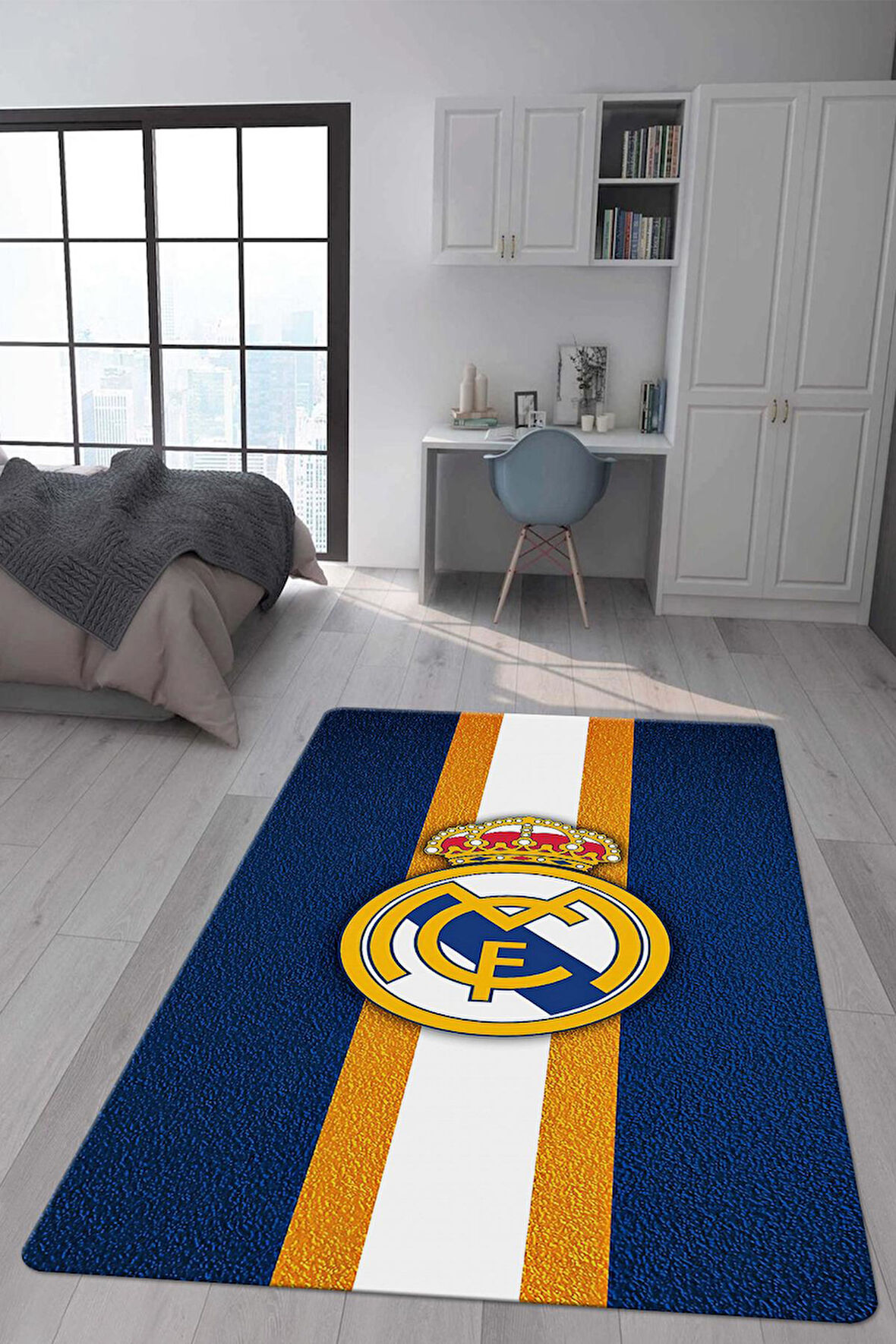 Kaymaz Taban Makinada Yıkanabilir Dijital Baskı Real Madrid Desenli Genç Odası ve Çocuk Odası Halısı Dot Taban Halı