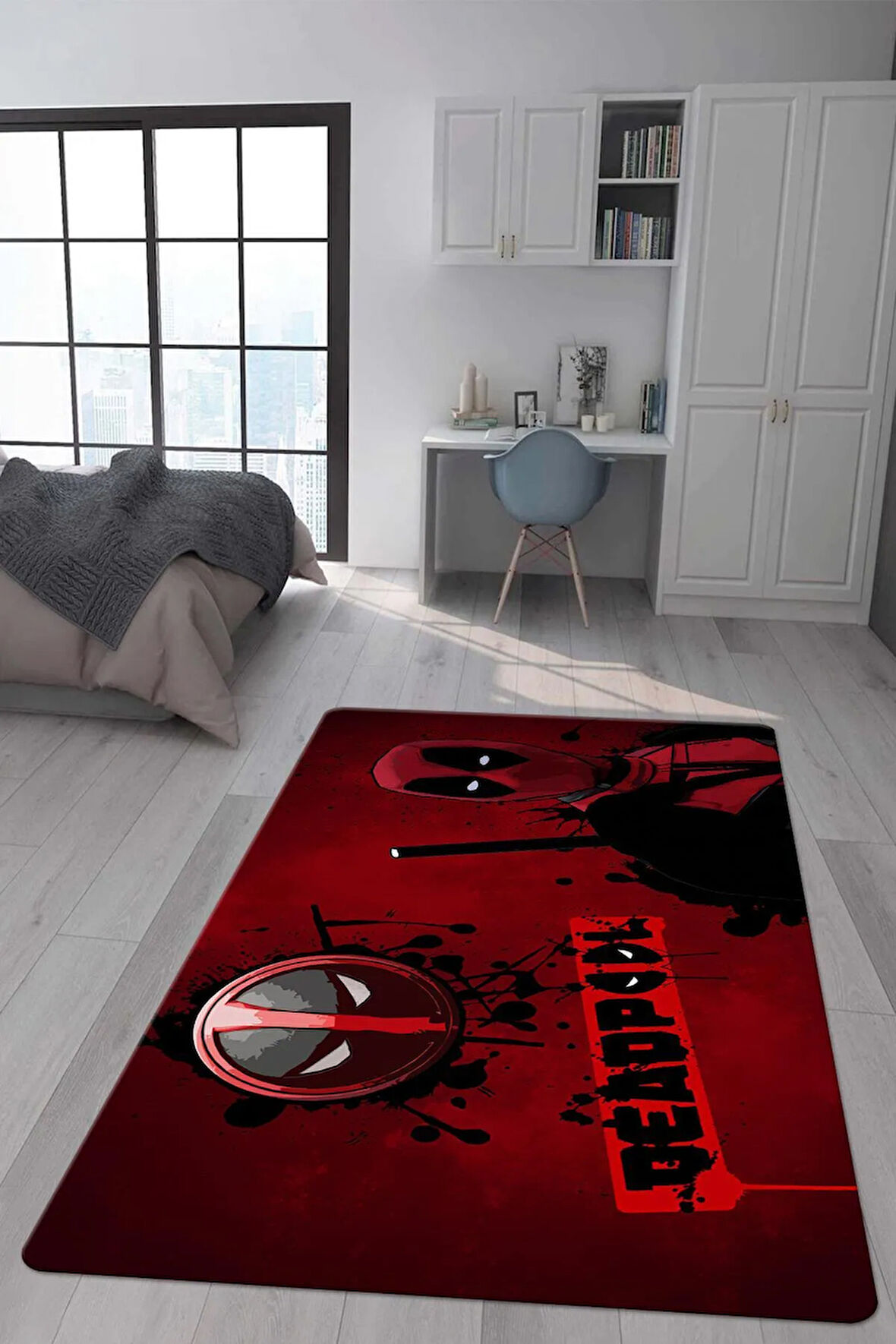 Kaymaz Taban Makinede Yıkanabilir Dijital Baskı Deadpool Desenli Genç Odası Ve Çocuk Odası Halısı Dot Taban Halı