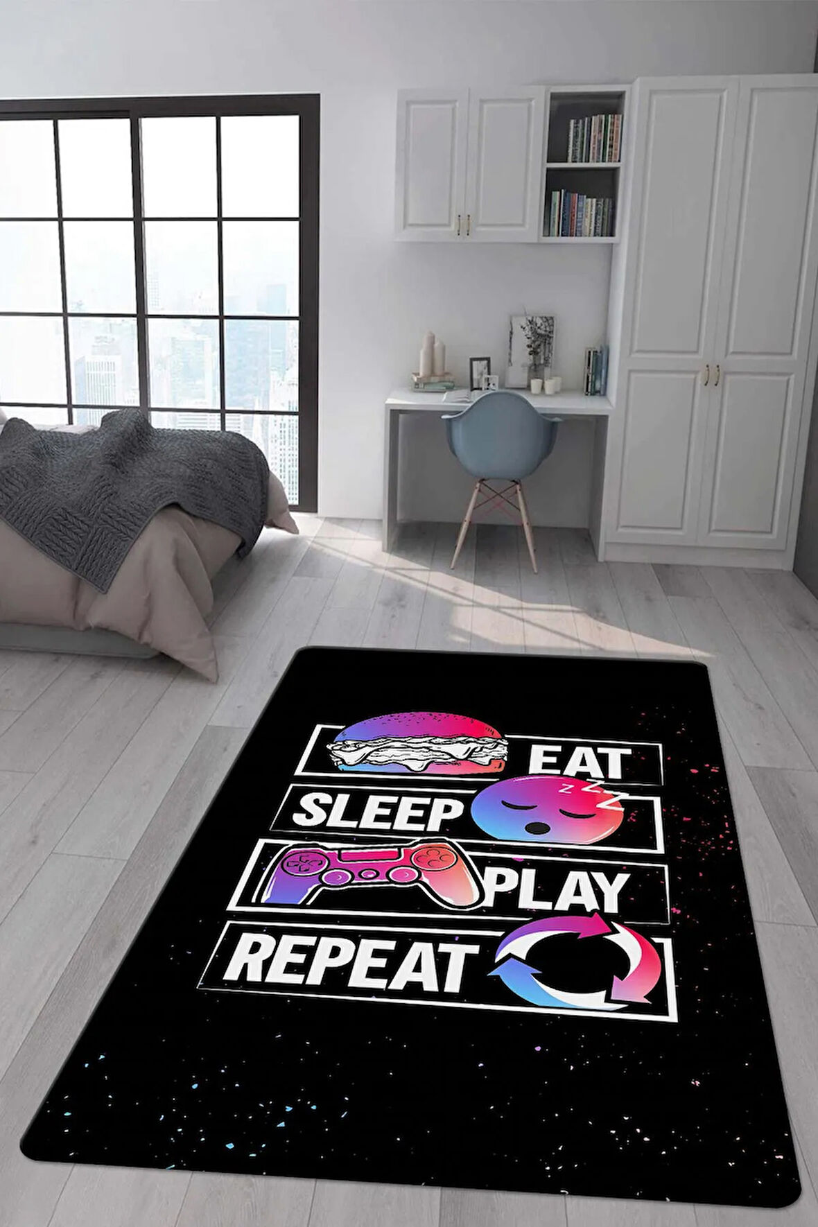 Kaymaz Taban Makinede Yıkanabilir Dijital Baskı Gamer Desenli Genç Odası Ve Çocuk Odası Halısı Dot Taban Halı