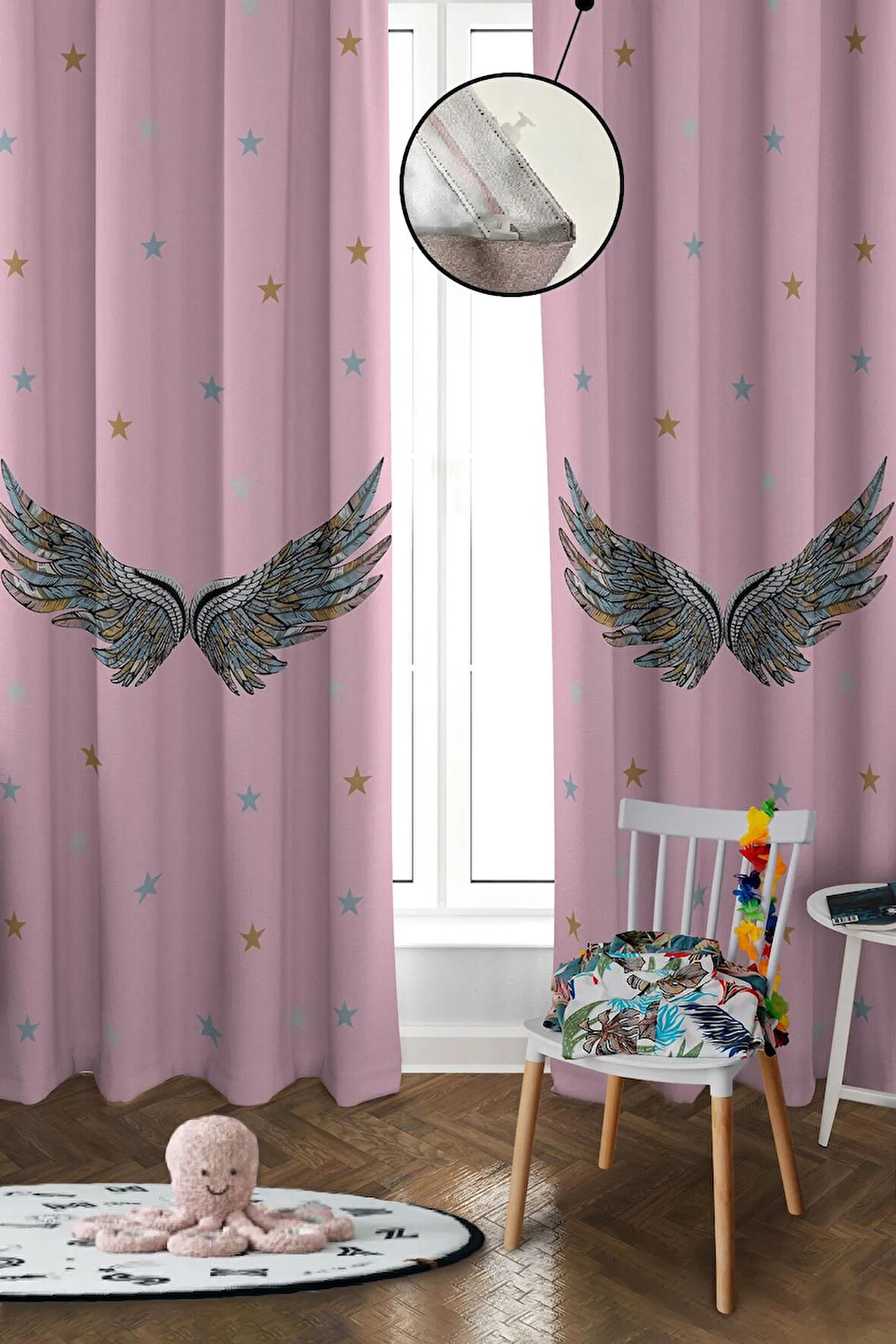 Dijital Baskı Yıkanabilir Kanat Desenli 2 Kanat Bebek ve Çocuk Odası Fon Perdesi