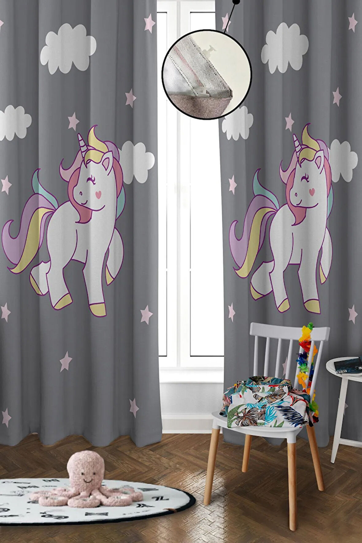 Dijital Baskı Yıkanabilir Unicorn Desenli 2 Kanat Bebek ve Çocuk Odası Fon Perdesi