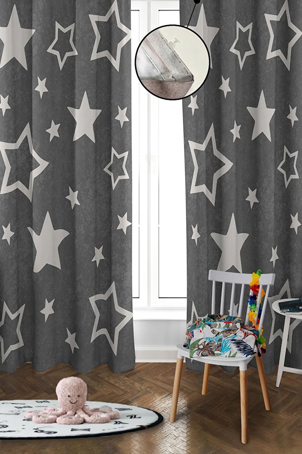 Dijital Baskı Yıkanabilir Yıldız Desenli 2 Kanat Bebek ve Çocuk Odası Fon Perdesi