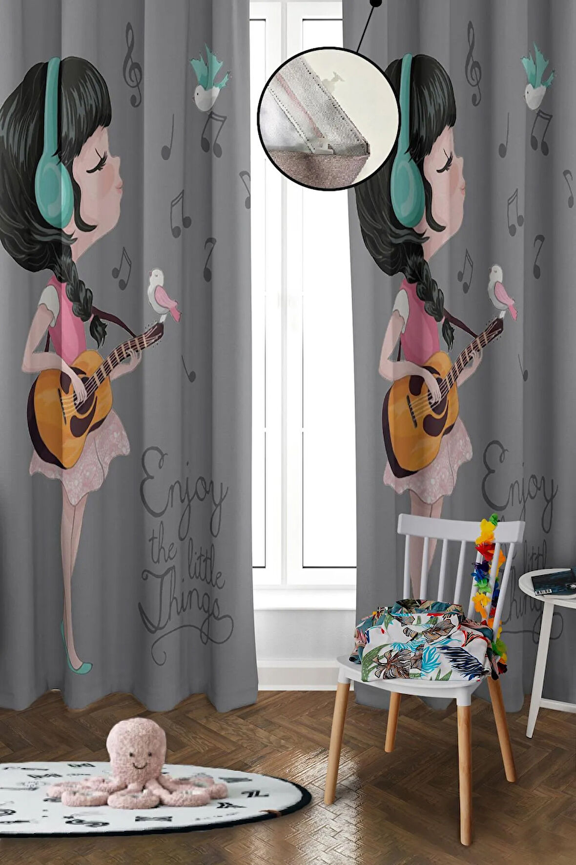 Dijital Baskı Yıkanabilir Kız Desenli 2 Kanat Bebek ve Çocuk Odası Fon Perdesi