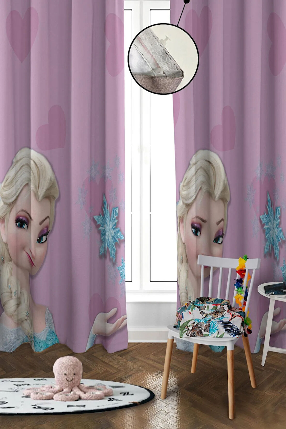 Dijital Baskı Yıkanabilir Elsa Desenli 2 Kanat Bebek ve Çocuk Odası Fon Perdesi